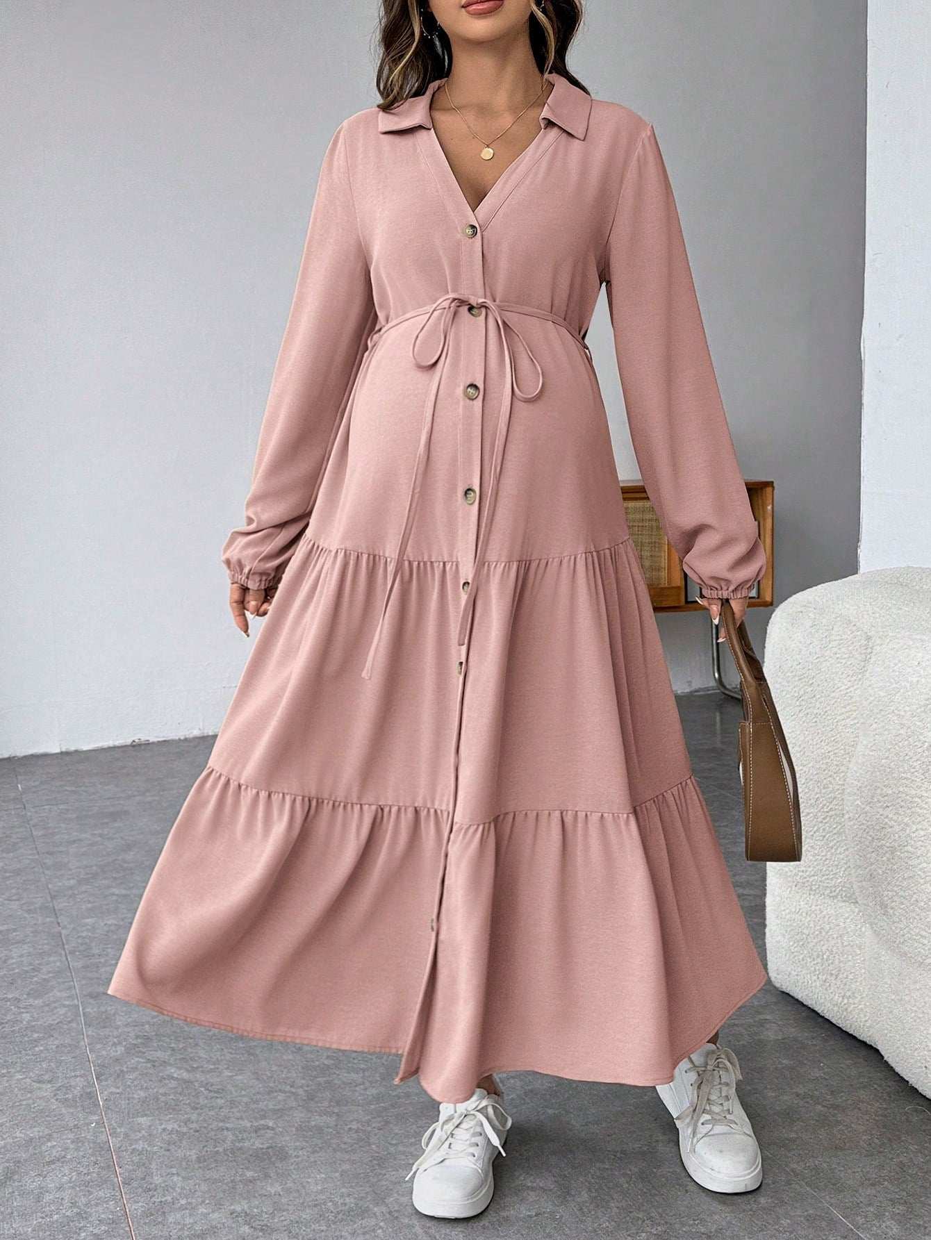 فستان قميص متموج الذيل مع أزرار وحزام للسيدات الحوامل - Pink&blue