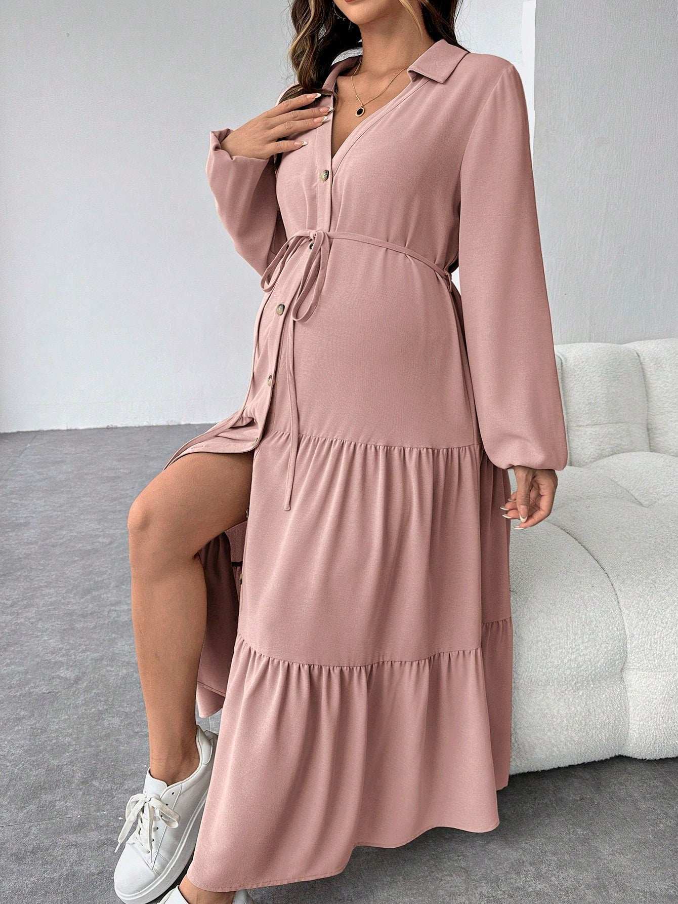 فستان قميص متموج الذيل مع أزرار وحزام للسيدات الحوامل - Pink&blue