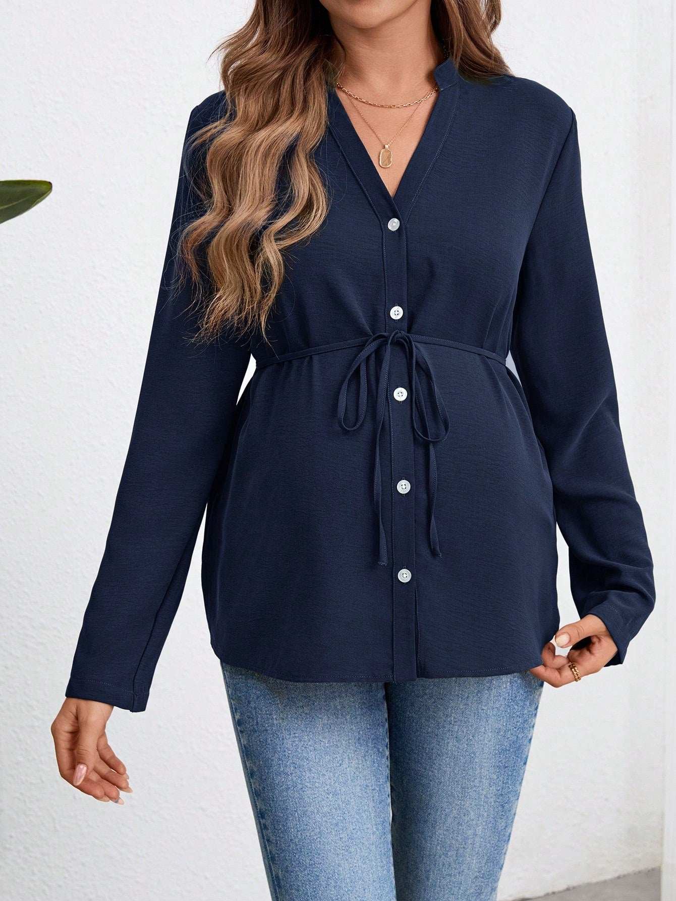 قميص نسائي للحمل طويل الأكمام، بلوزة عسكرية خضراء مزودة بأزرار - Pink&blue