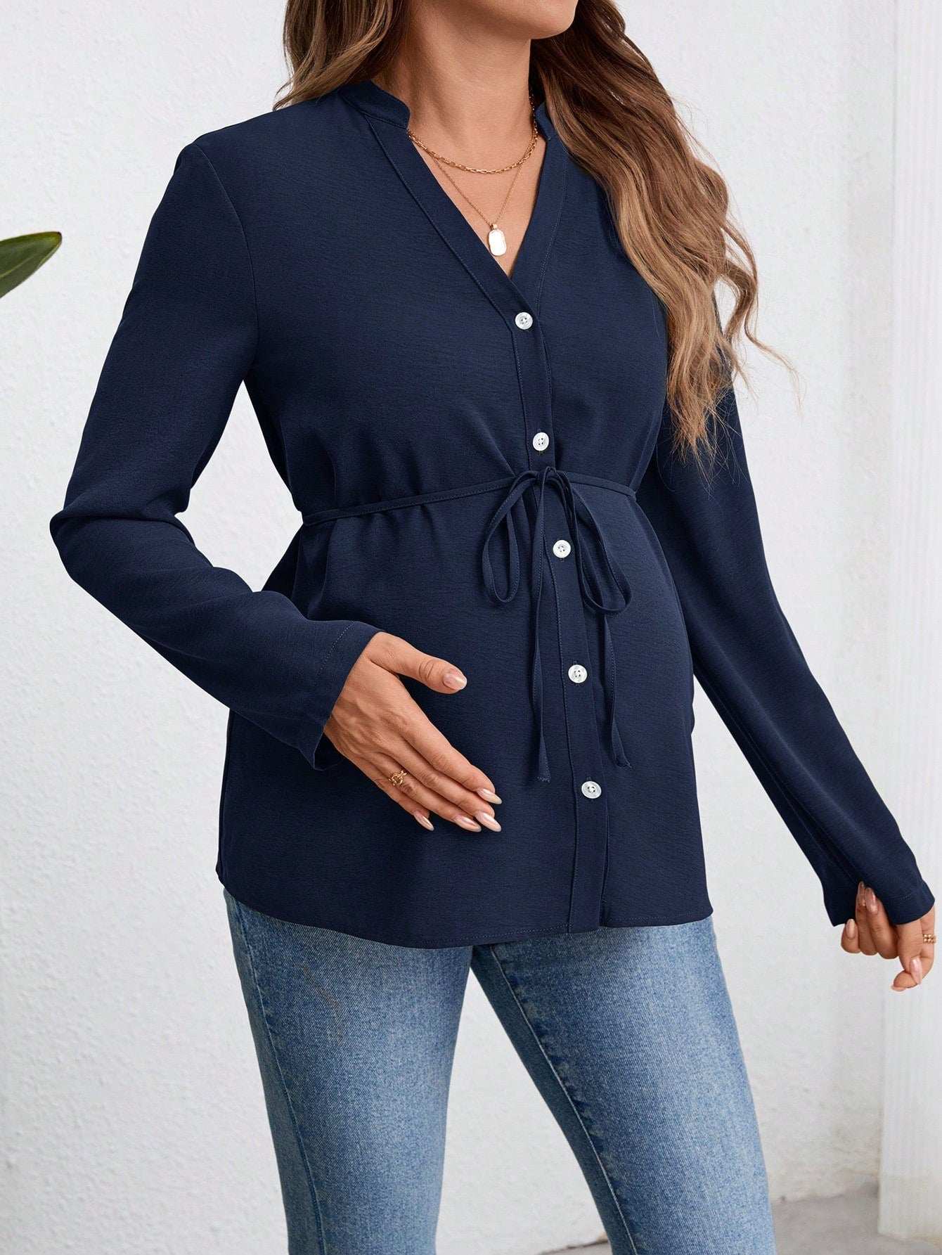 قميص نسائي للحمل طويل الأكمام، بلوزة عسكرية خضراء مزودة بأزرار - Pink&blue