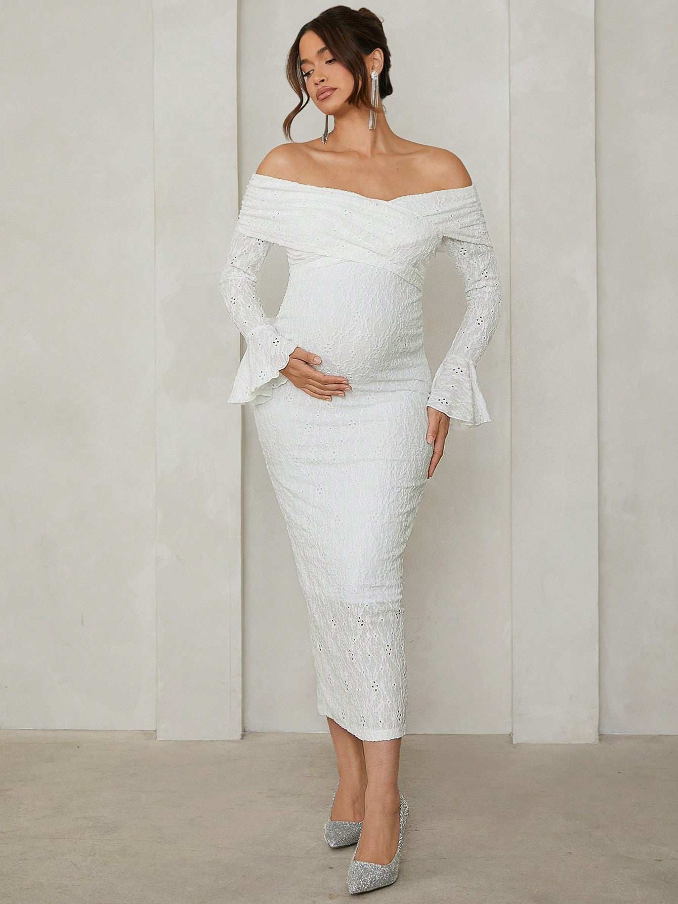 فستان أكتاف مكشوفة صلب للحوامل، قماش مموج طويل الأكمام، مناسب للحفلات والزفاف والسهرات وأعياد المواليد في فصلي الربيع والخريف - Pink&blue