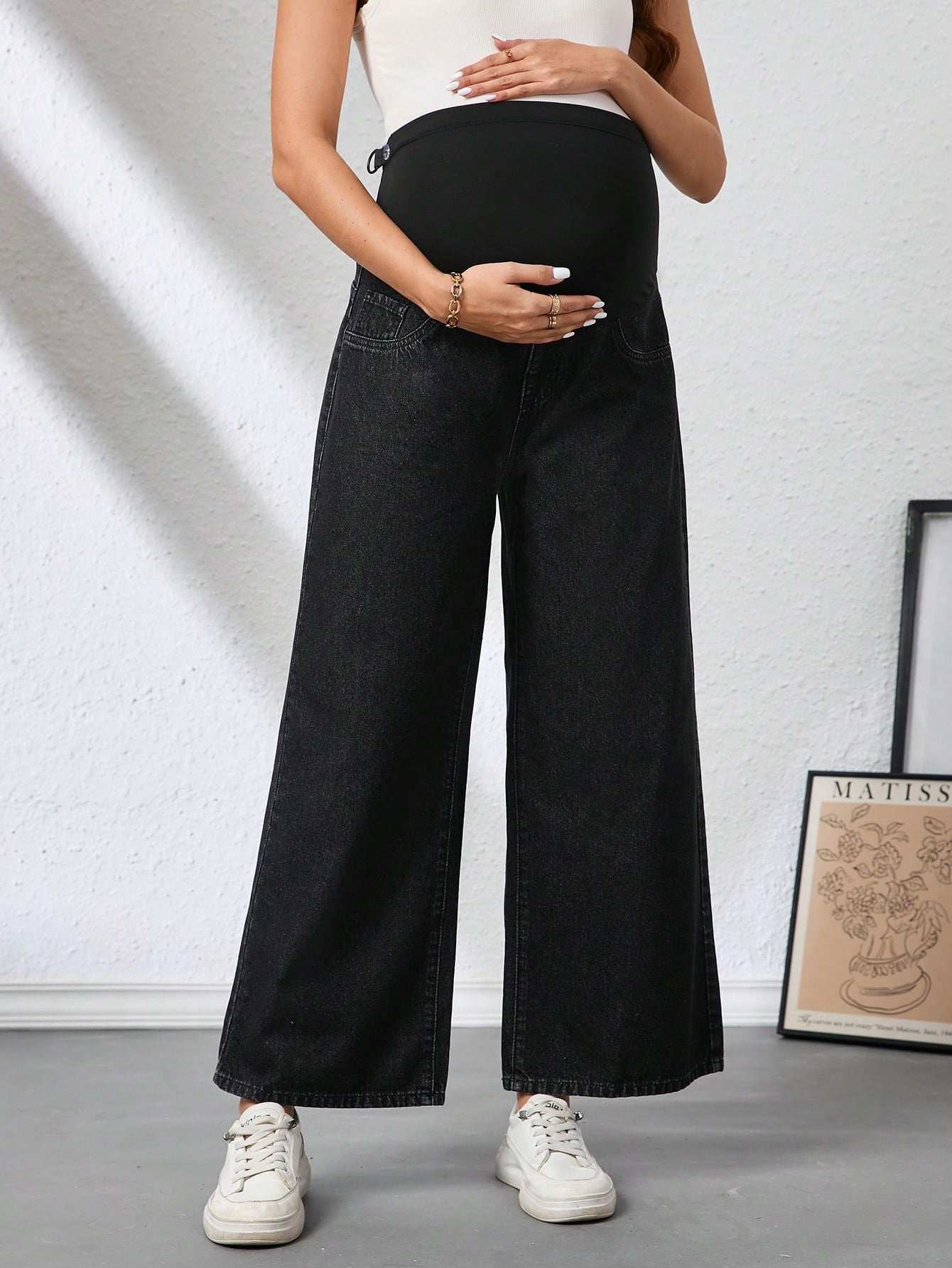 بنطلون جينز نسائي للحمل فضفاض ذو قدم واسعة قابل للتعديل على الخصر، قطعة رياضية متنوعة الاستخدامات - Pink&blue