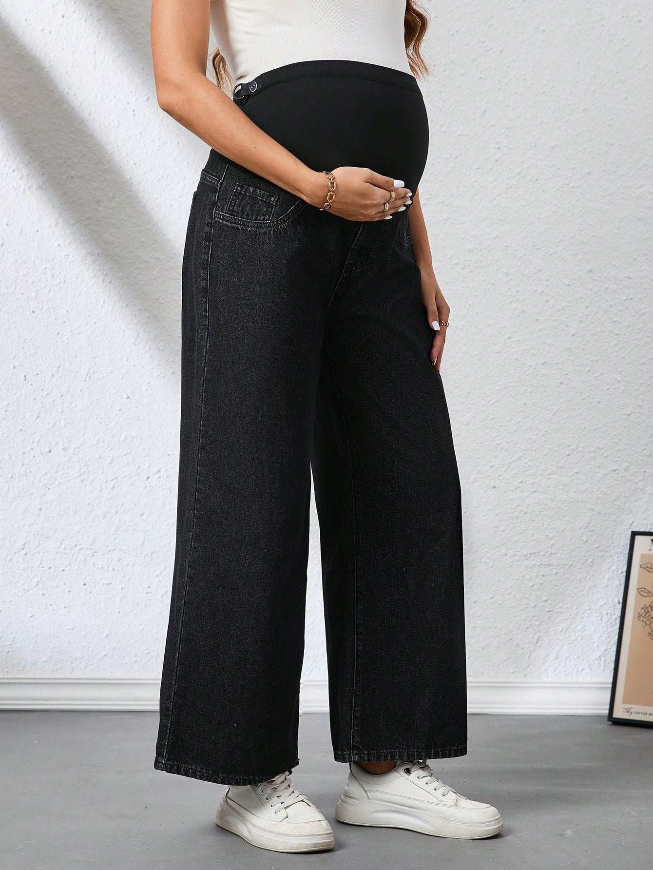 بنطلون جينز نسائي للحمل فضفاض ذو قدم واسعة قابل للتعديل على الخصر، قطعة رياضية متنوعة الاستخدامات - Pink&blue