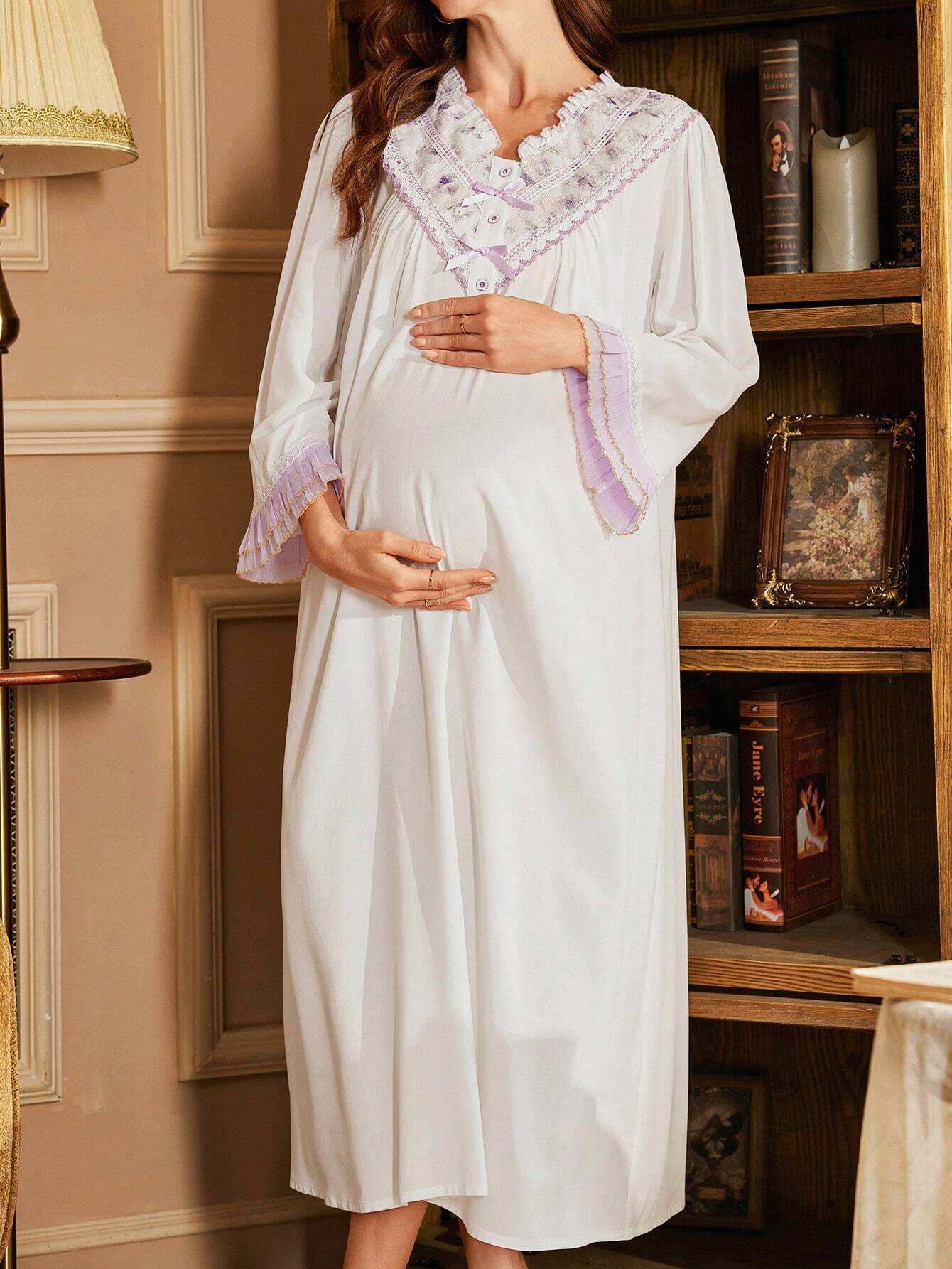 لون متباين مكشكش طباعة الدانتيل مرقع رقعة على شكل V كم طويل فضفاض قميص نوم الأمومة - Pink&blue