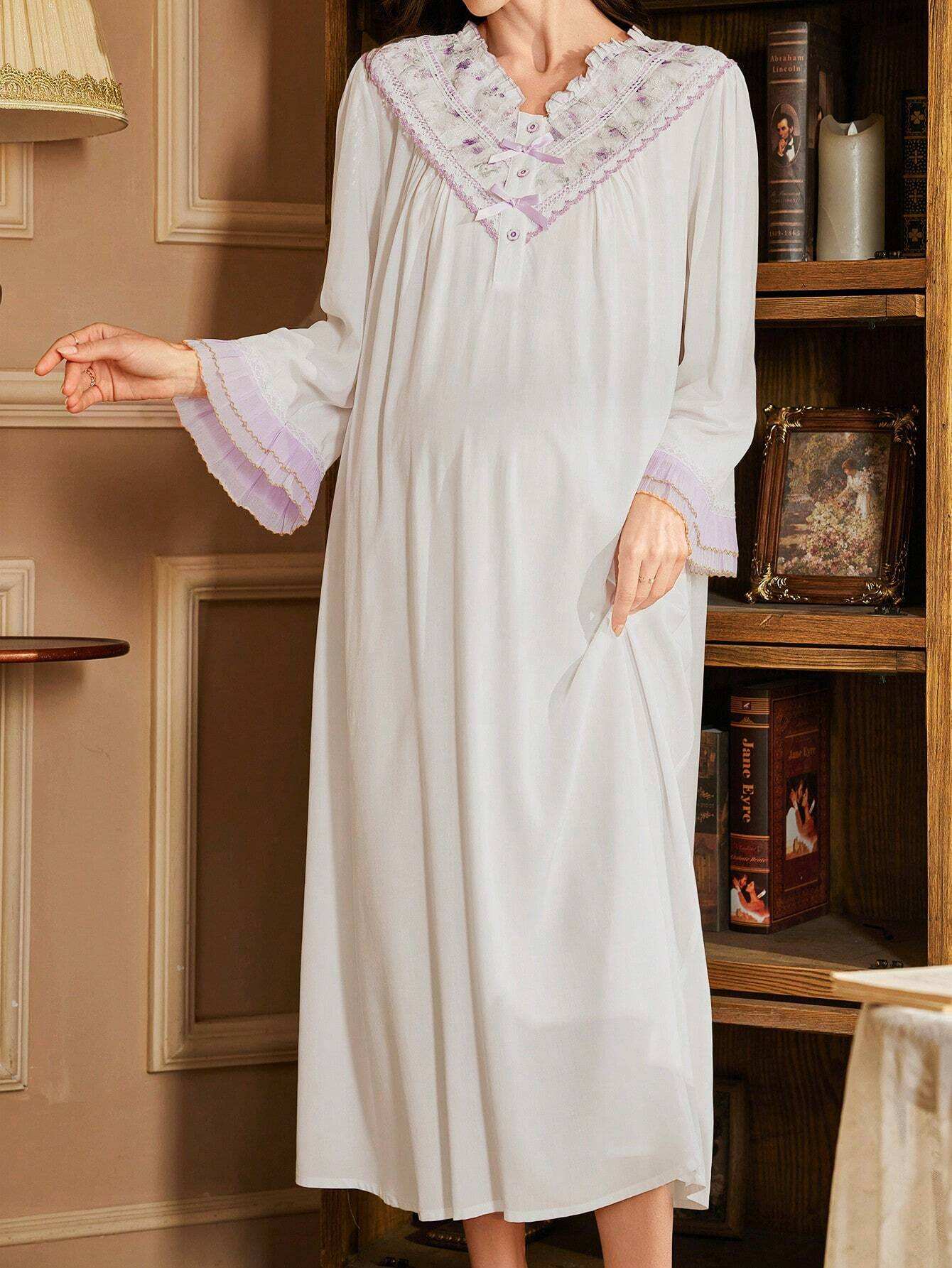 لون متباين مكشكش طباعة الدانتيل مرقع رقعة على شكل V كم طويل فضفاض قميص نوم الأمومة - Pink&blue