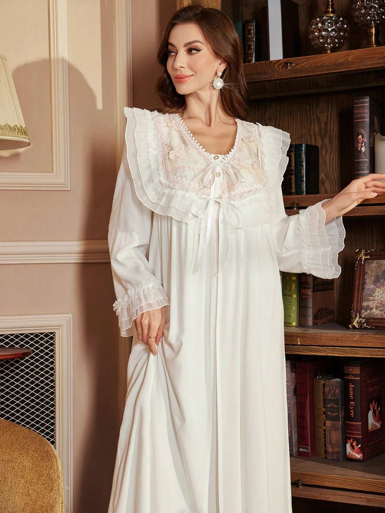 طقم ملابس نوم مطرز على الطراز القديم لفترة العطلات والإجازات للنساء - Pink&blue