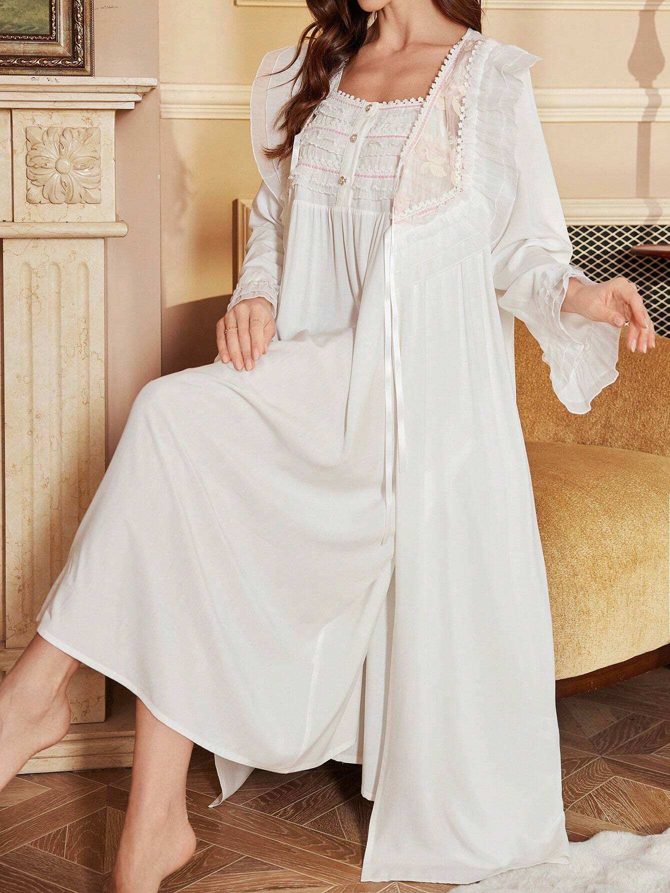 طقم ملابس نوم مطرز على الطراز القديم لفترة العطلات والإجازات للنساء - Pink&blue