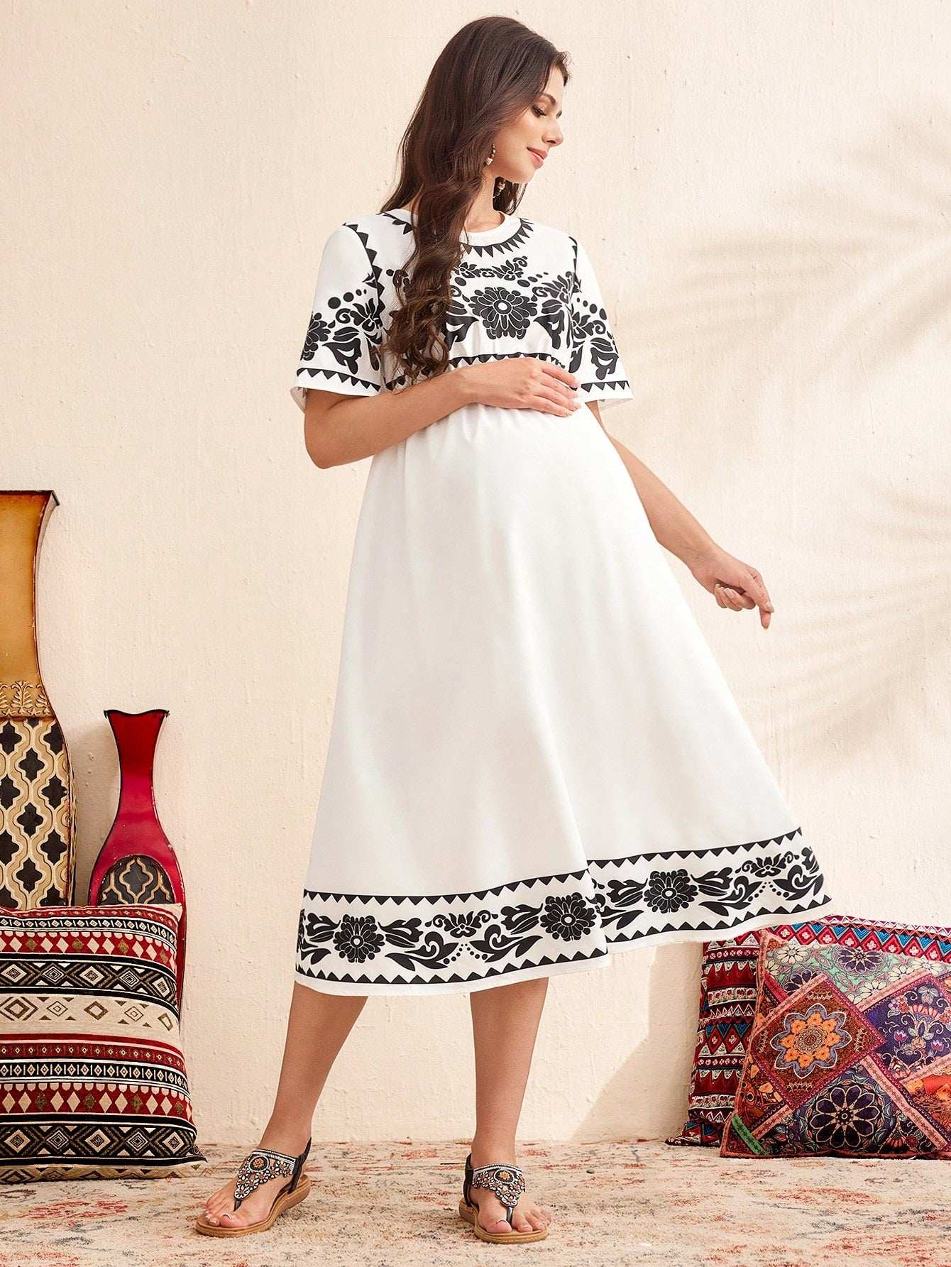 فستان عرضي للحمل مطبوع بأزهار منسوجة، فستان أبيض كاجوال للنساء - Pink&blue