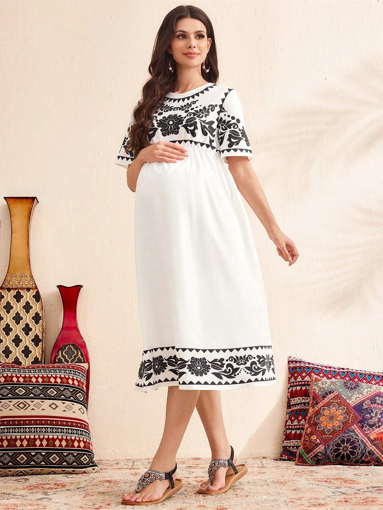 فستان عرضي للحمل مطبوع بأزهار منسوجة، فستان أبيض كاجوال للنساء - Pink&blue