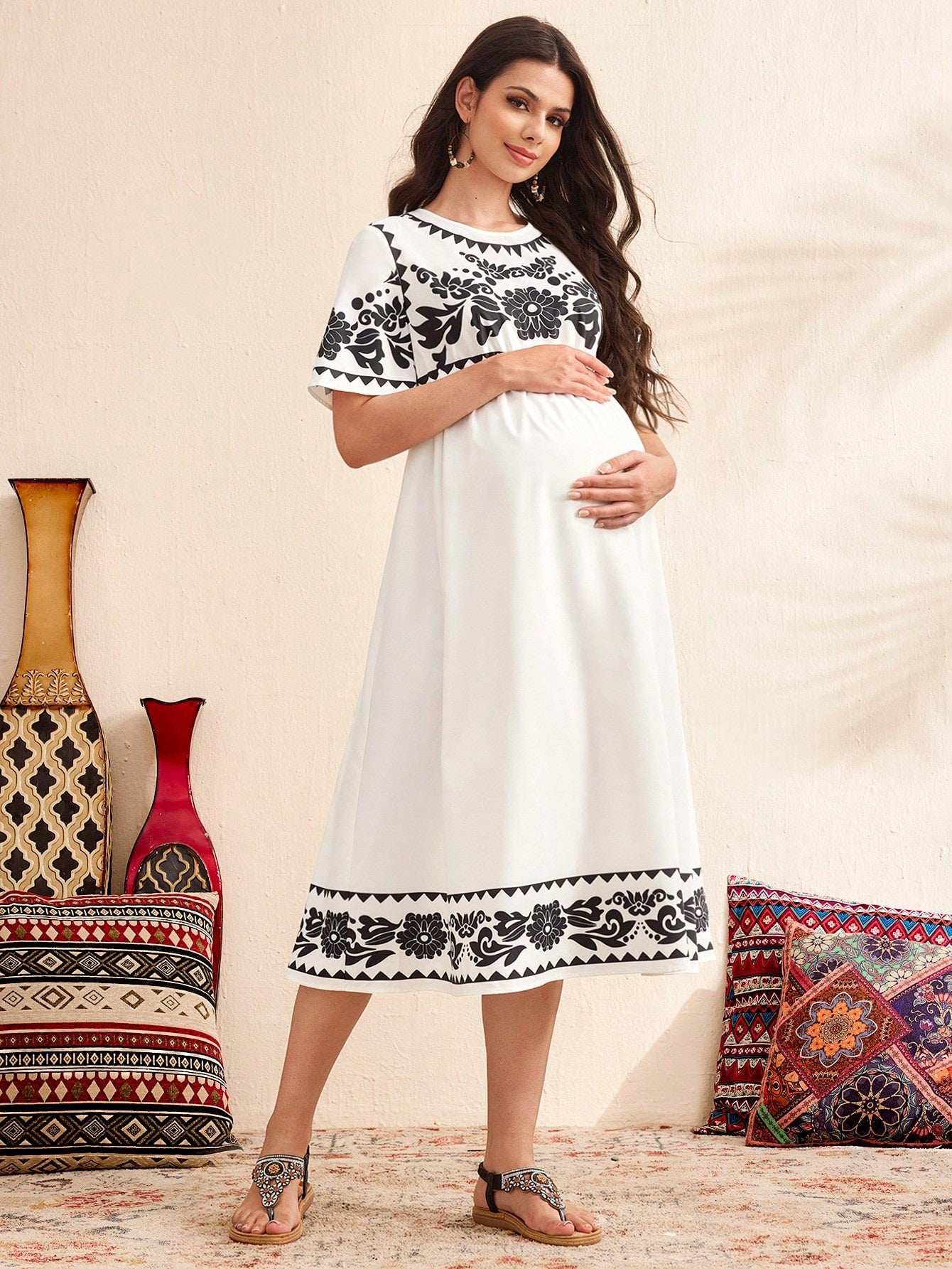 فستان عرضي للحمل مطبوع بأزهار منسوجة، فستان أبيض كاجوال للنساء - Pink&blue