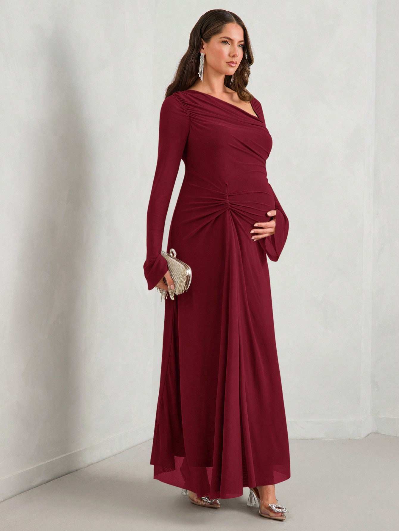 فستان أمومة طويل أنيق بأكمام واسعة وياقة دائرية، لون كامل، مع طية معقودة عند الخصر، موضة خريف للحوامل - Pink&blue