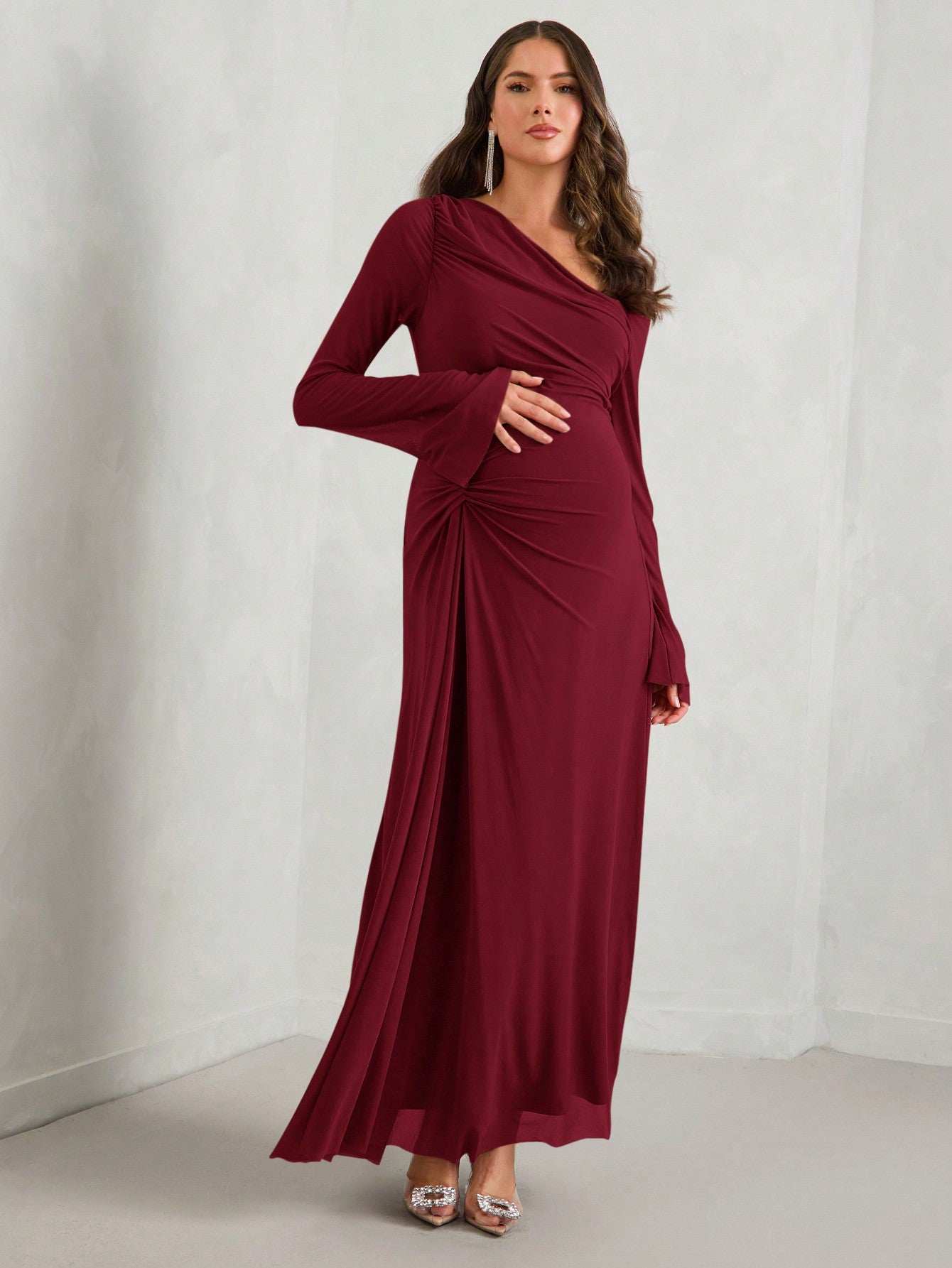 فستان أمومة طويل أنيق بأكمام واسعة وياقة دائرية، لون كامل، مع طية معقودة عند الخصر، موضة خريف للحوامل - Pink&blue