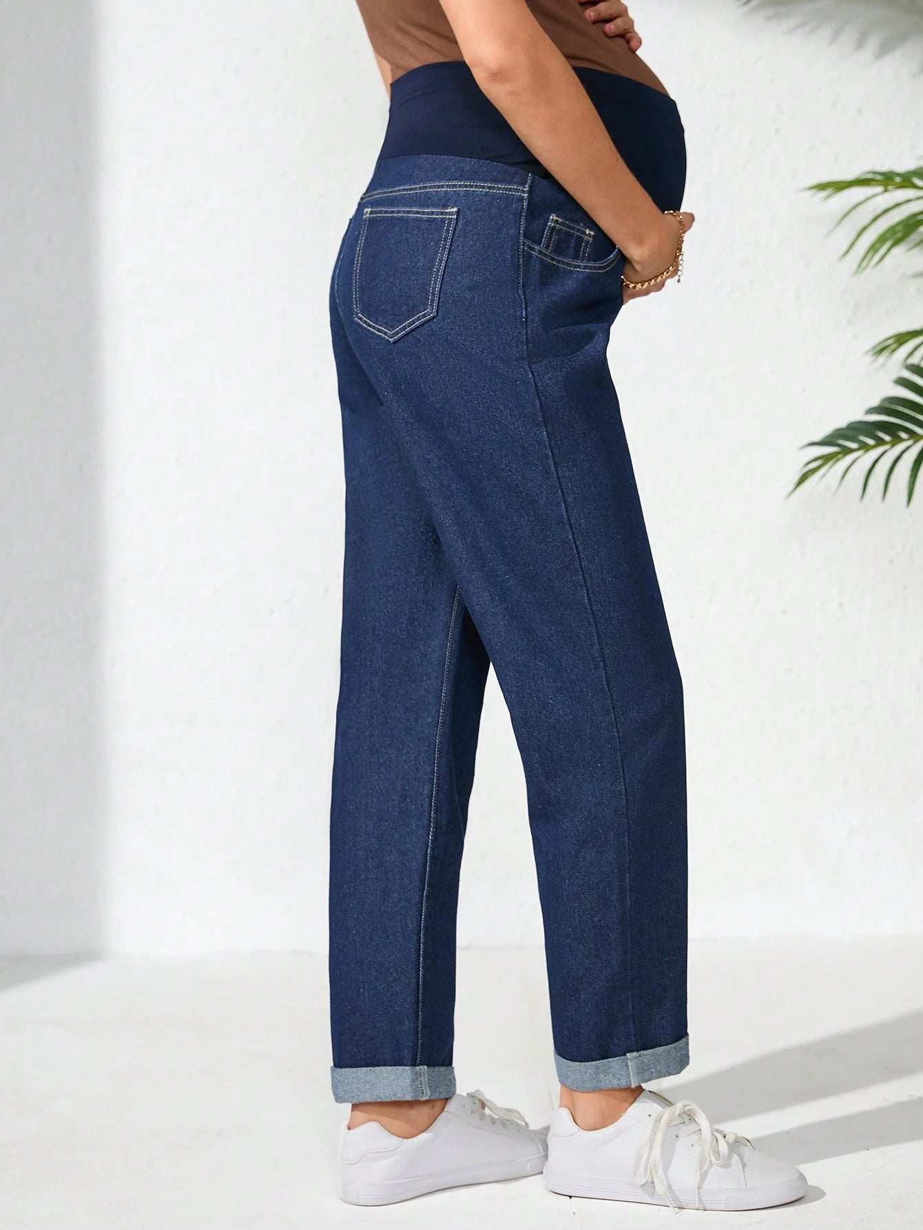 جينز كاجوال واسع وفضفاض مع خصر قابل للتعديل مناسب للحوامل - Pink&blue