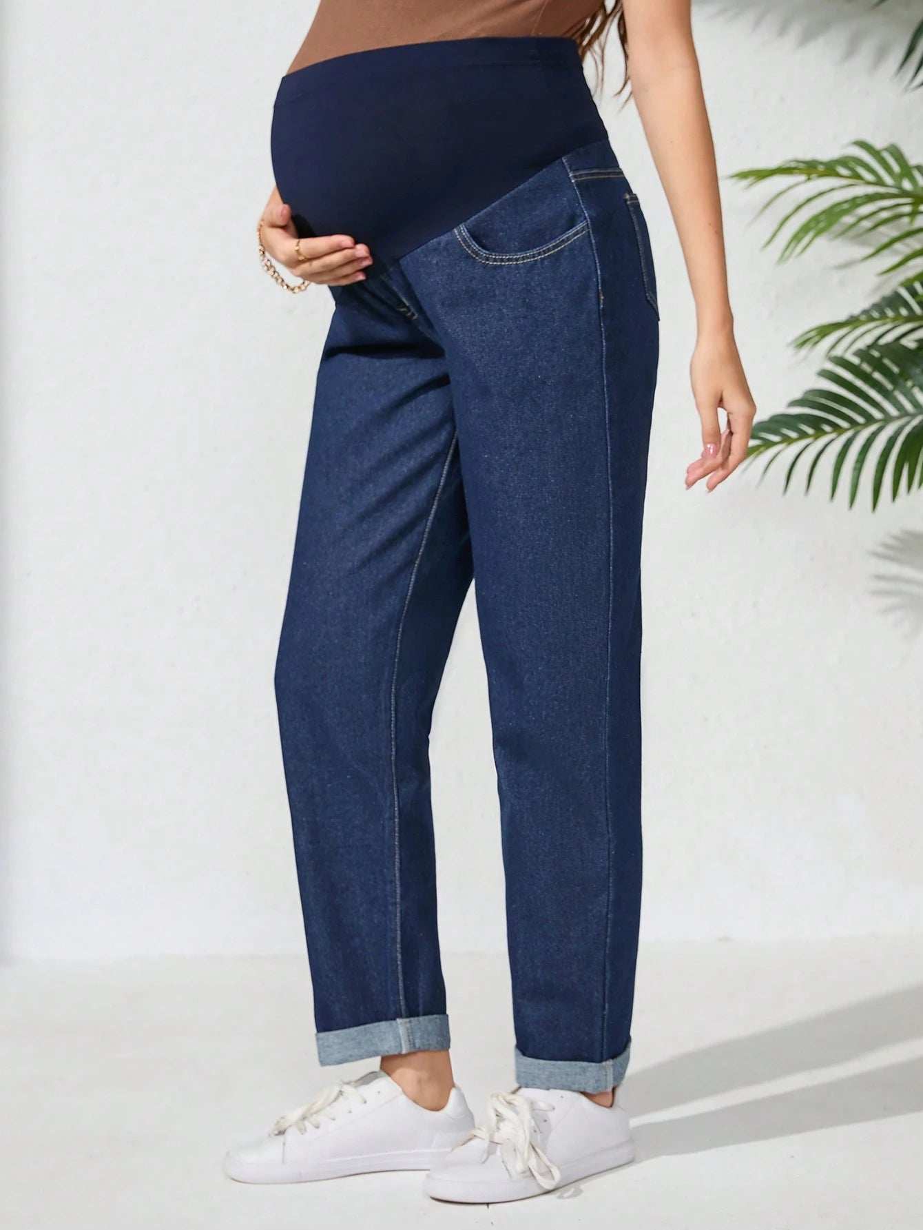 جينز كاجوال واسع وفضفاض مع خصر قابل للتعديل مناسب للحوامل - Pink&blue