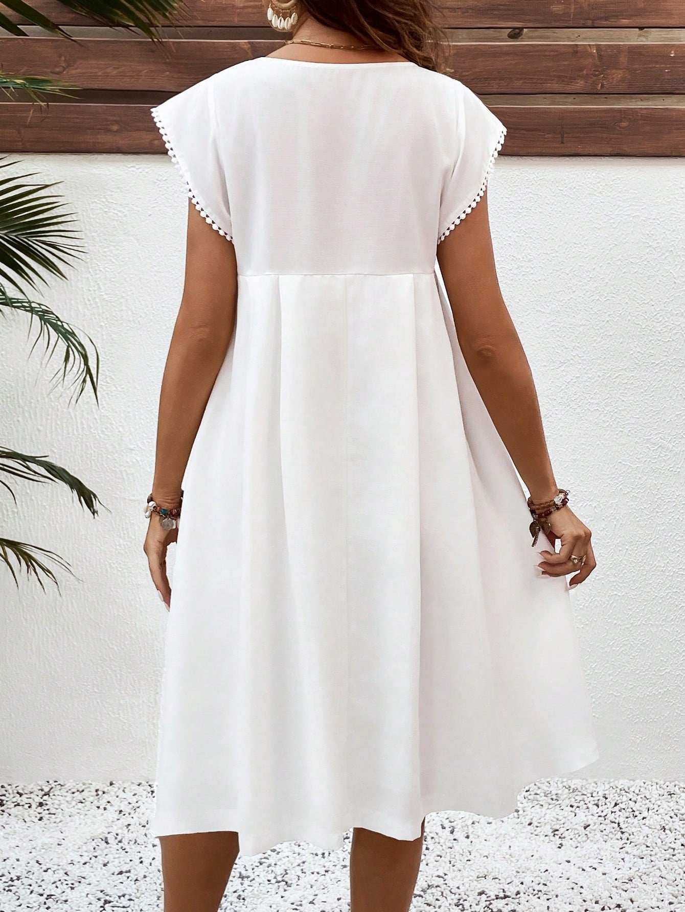 فستان كاجوال بياقة دائرية وأكمام قصيرة رسومات زهور للأمهات للعطلات والمهرجانات الموسيقية - Pink&blue