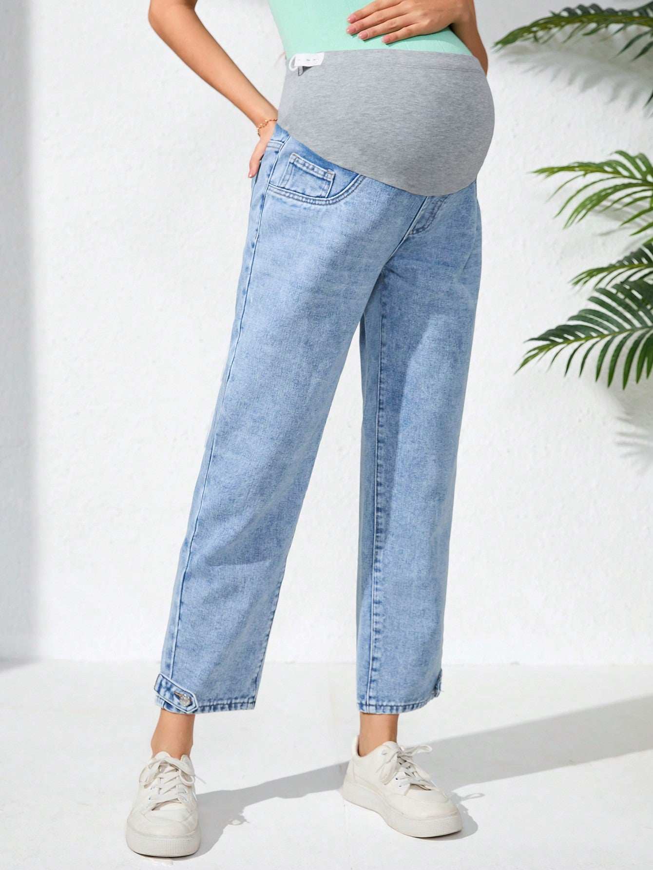 سراويل جينز سادة ملونة لل حوامل بتصميم لاصق القيطان بجيب عادي - Pink&blue