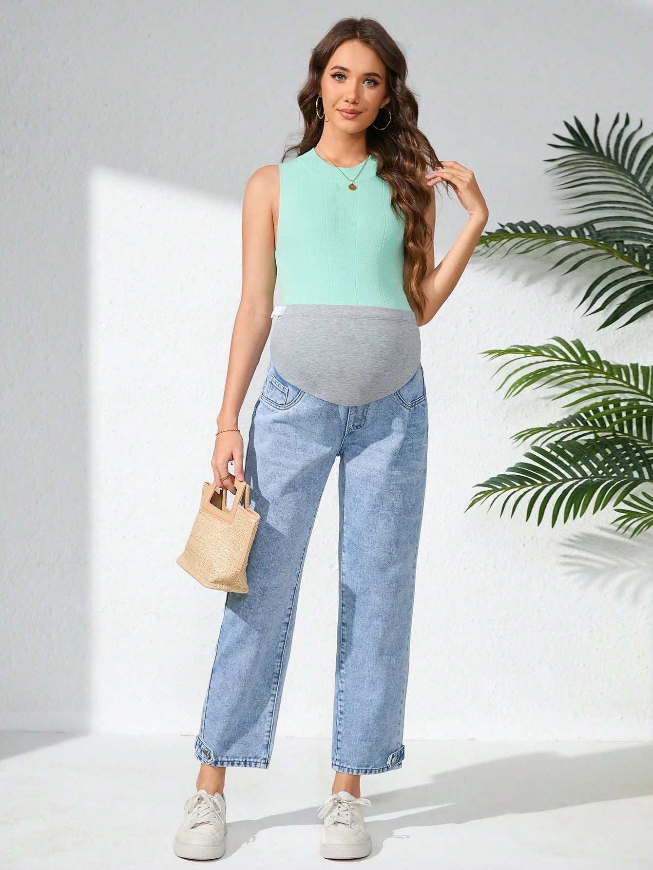 سراويل جينز سادة ملونة لل حوامل بتصميم لاصق القيطان بجيب عادي - Pink&blue