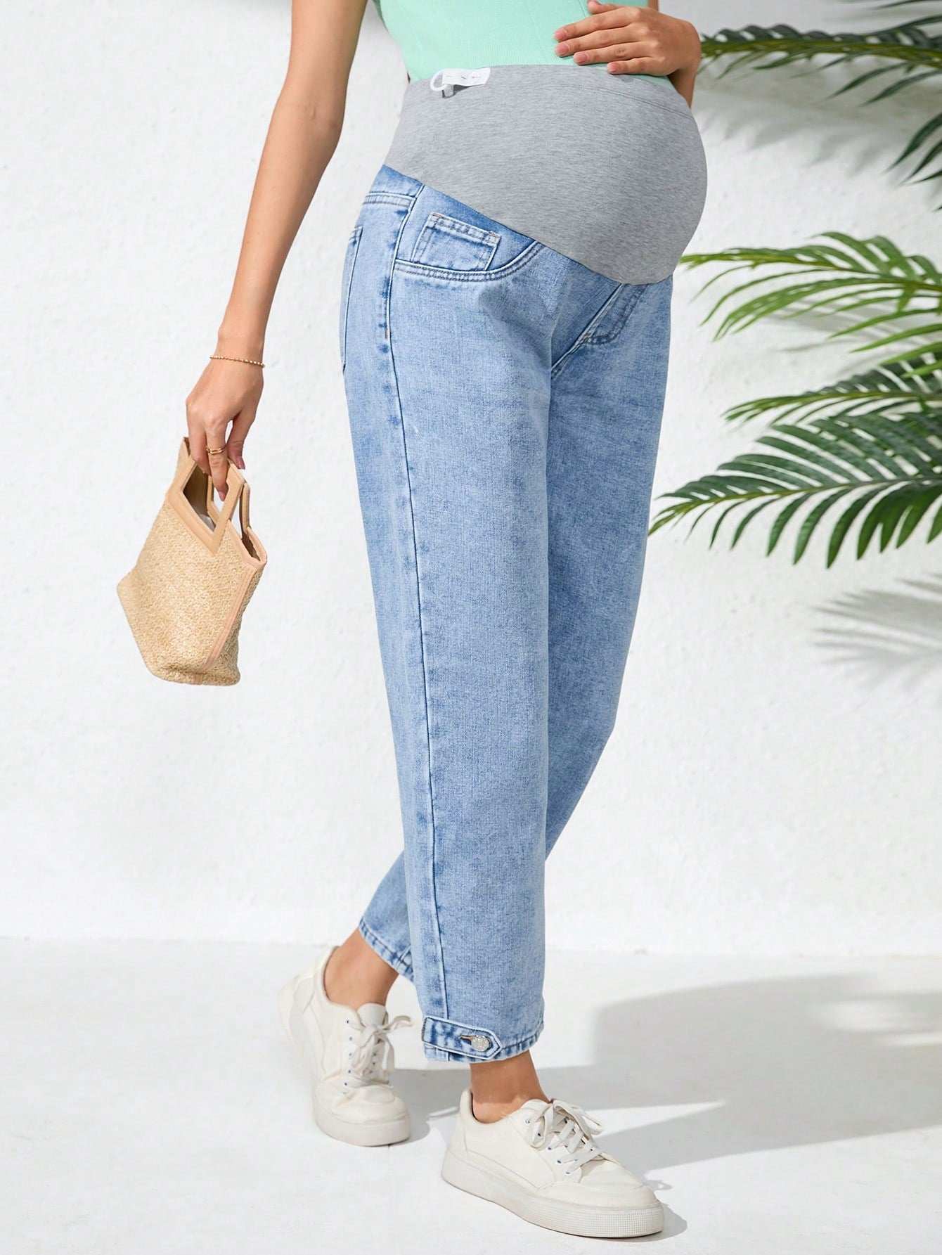 سراويل جينز سادة ملونة لل حوامل بتصميم لاصق القيطان بجيب عادي - Pink&blue