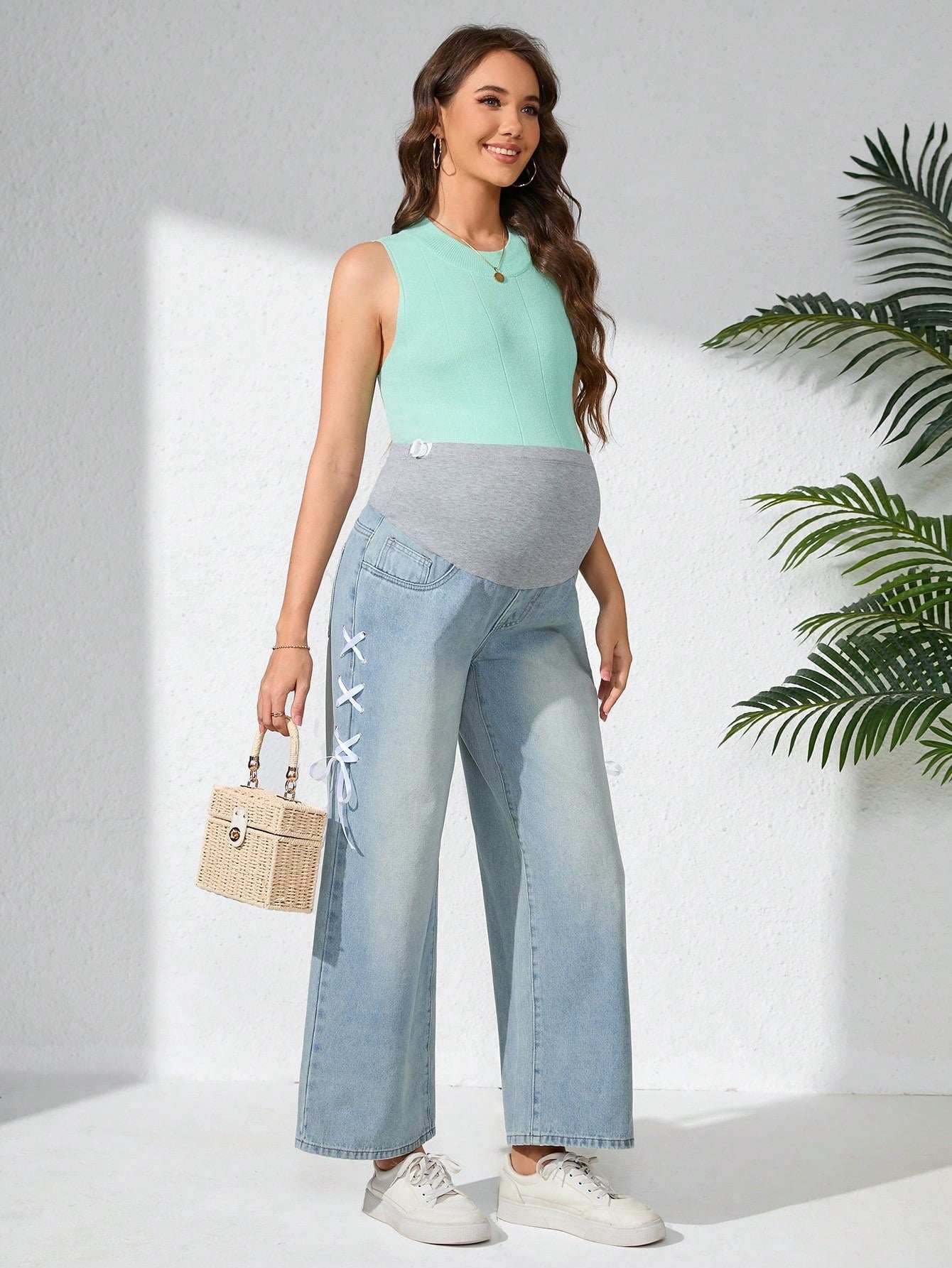 بنطلون جينز للحوامل كاجوال، عصري ومريح للارتداء اليومي - Pink&blue