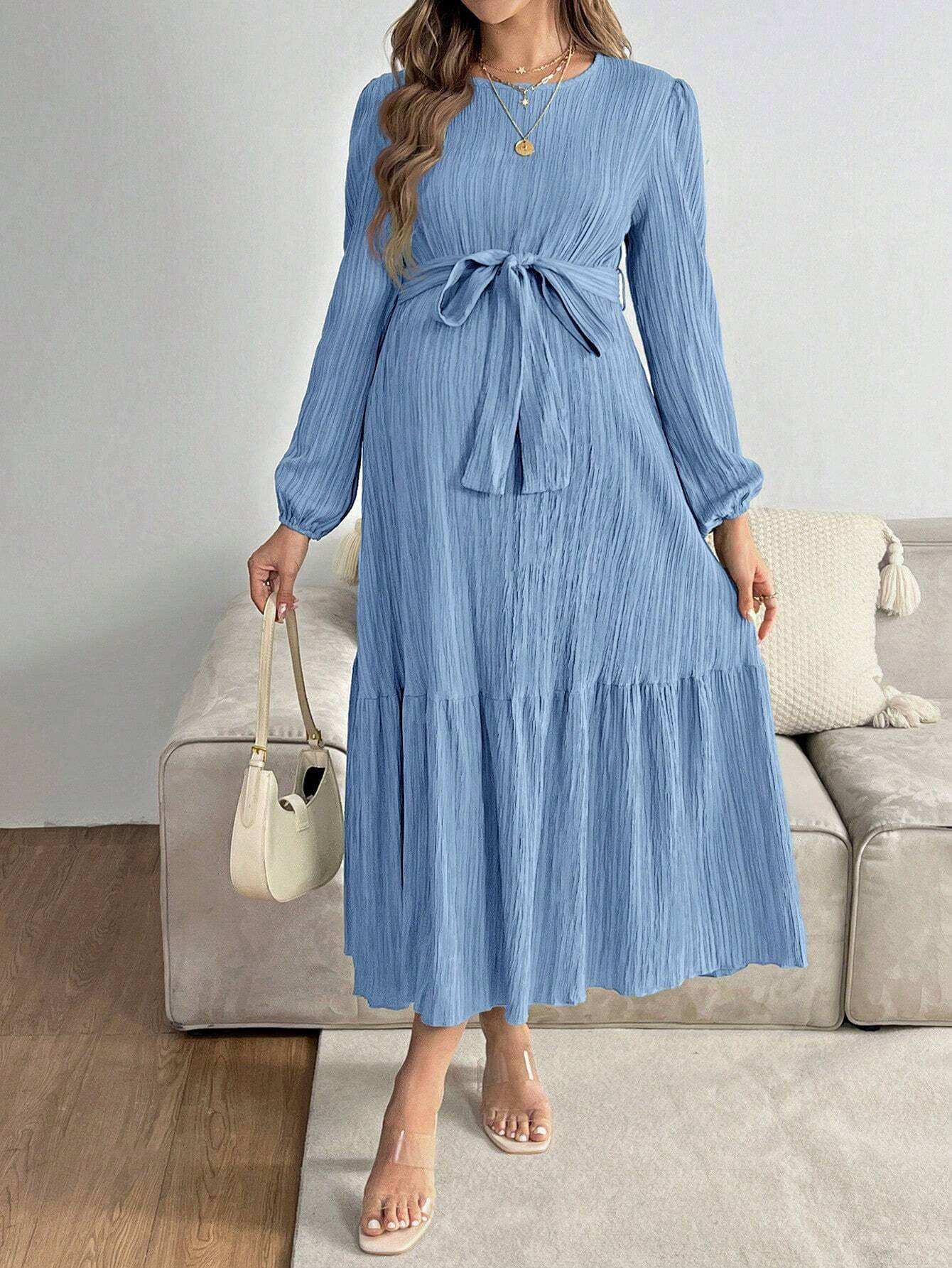 فستان حمل عادي بلون واحد ذو رقبة مستديرة وأكمام فانوس مع حافة مطرزة - Pink&blue