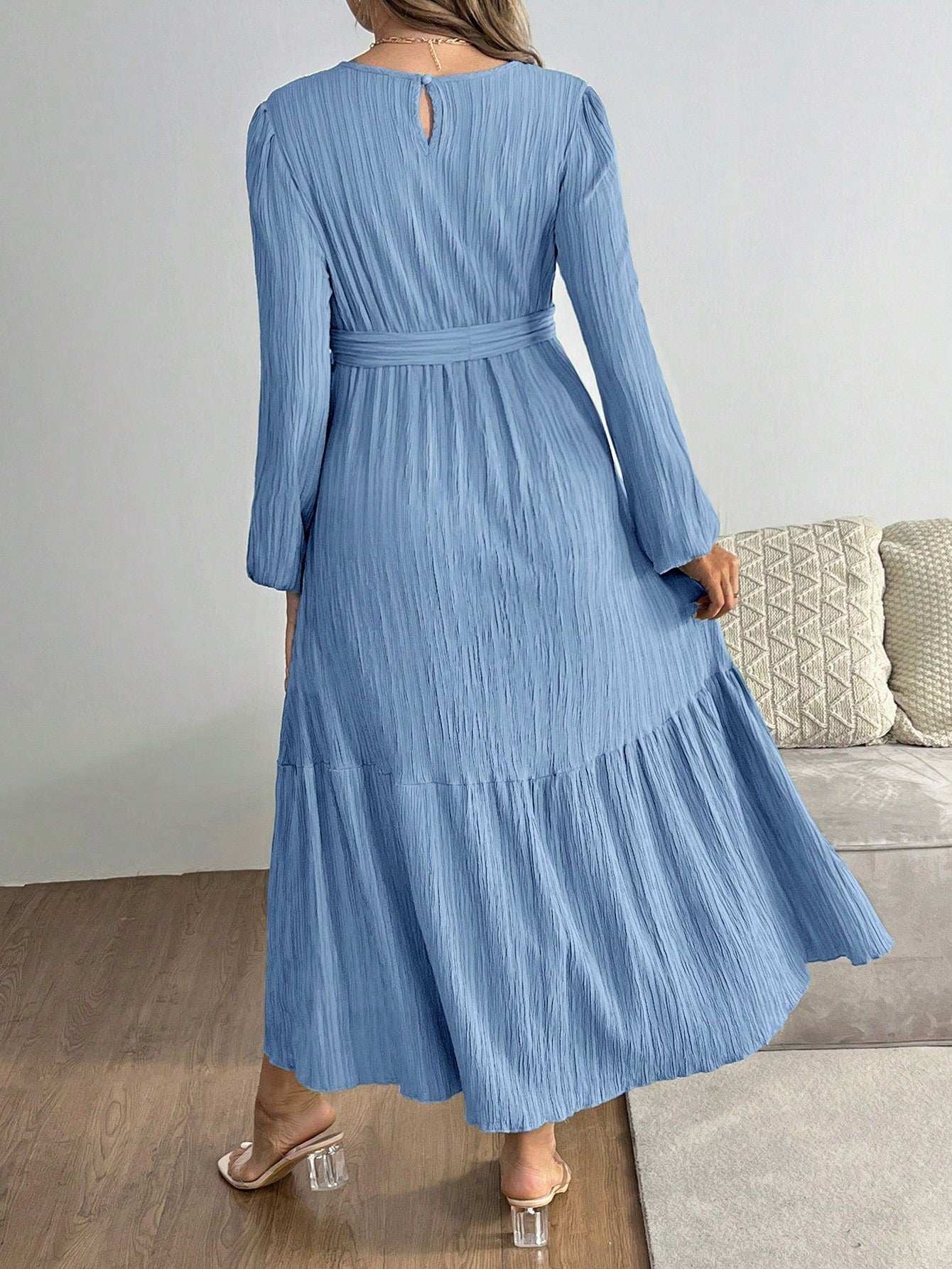 فستان حمل عادي بلون واحد ذو رقبة مستديرة وأكمام فانوس مع حافة مطرزة - Pink&blue