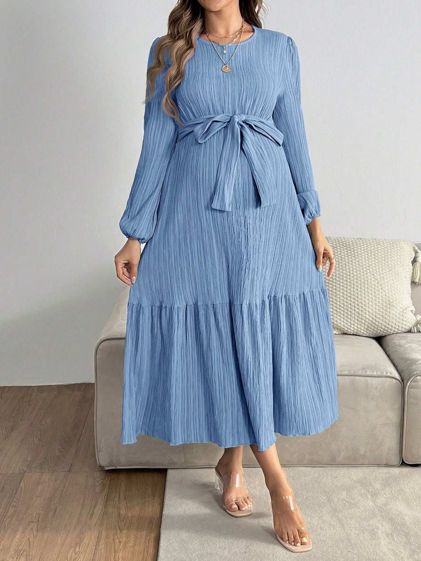 فستان حمل عادي بلون واحد ذو رقبة مستديرة وأكمام فانوس مع حافة مطرزة - Pink&blue