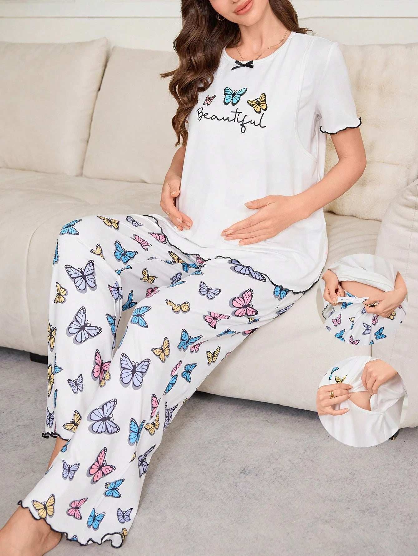 طقم بجامات للأمهات الحوامل بتصميم رسومات الفراشات قصير الأكمام - Pink&blue