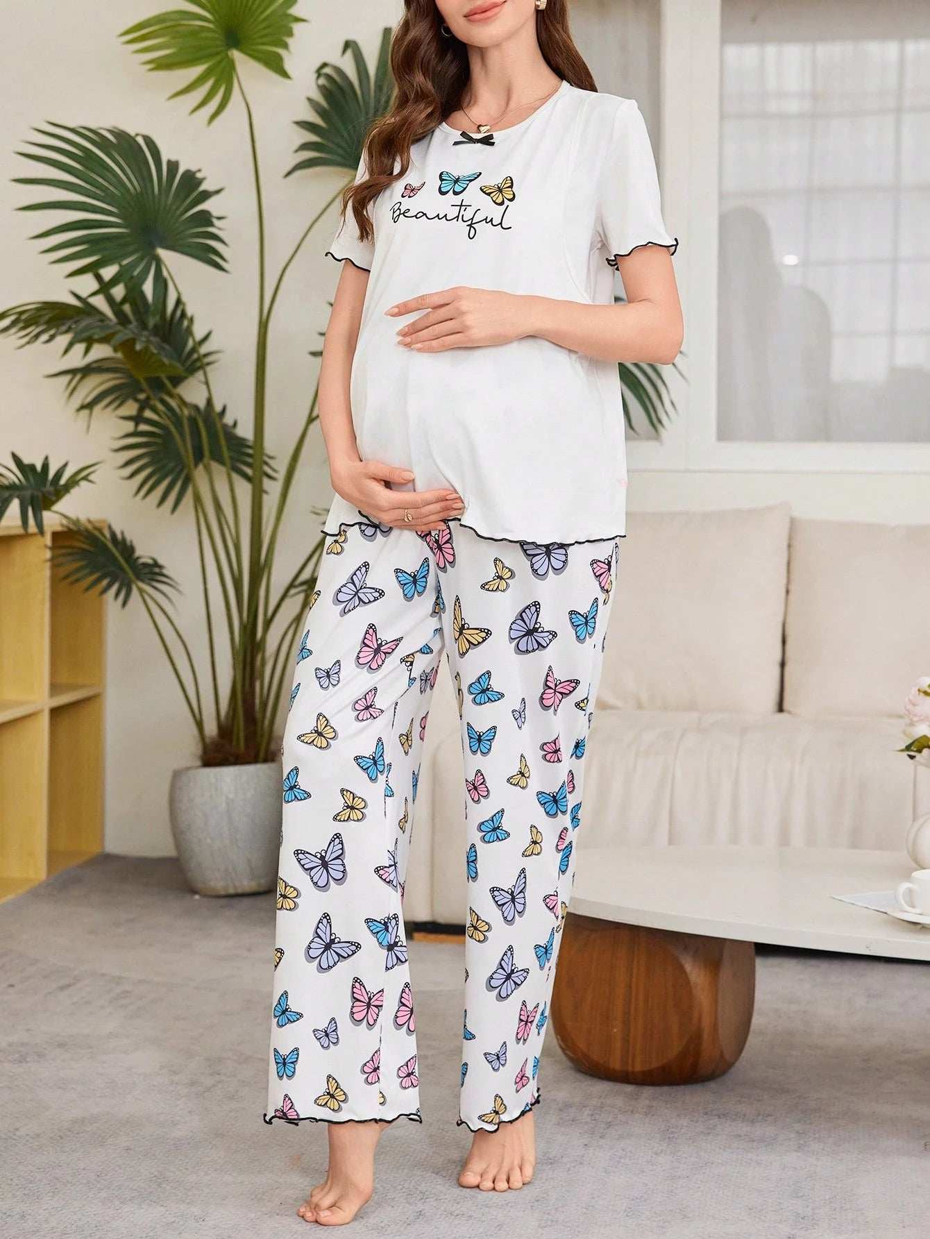 طقم بجامات للأمهات الحوامل بتصميم رسومات الفراشات قصير الأكمام - Pink&blue