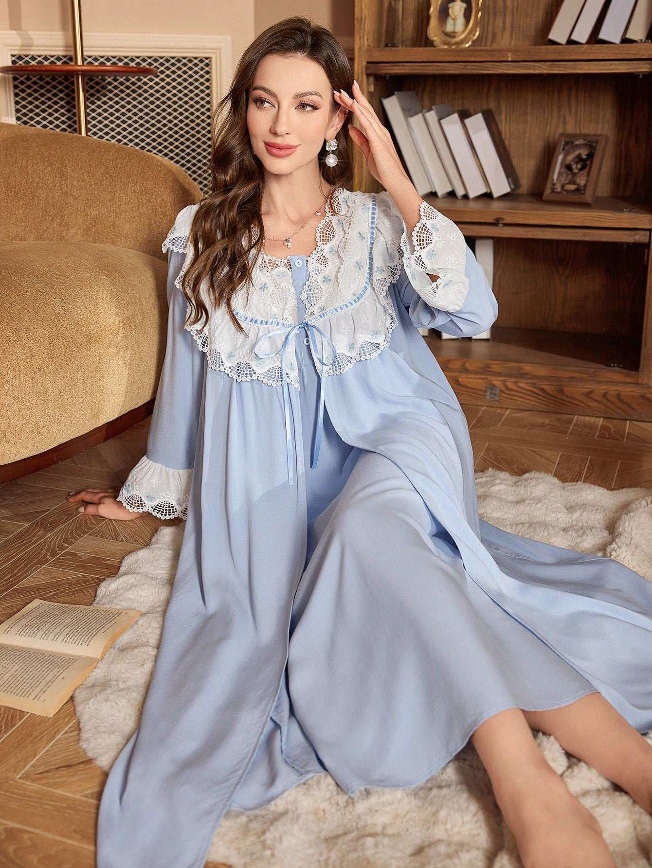 مجموعة قطعتين فستان رداء مع ربطة الخصر الفضفاضة مع أكمام متدلية وفستان سليب بتصميم قصر بلوحة التباين والدانتيل, مناسبة للعطلات والإجازات - Pink&blue