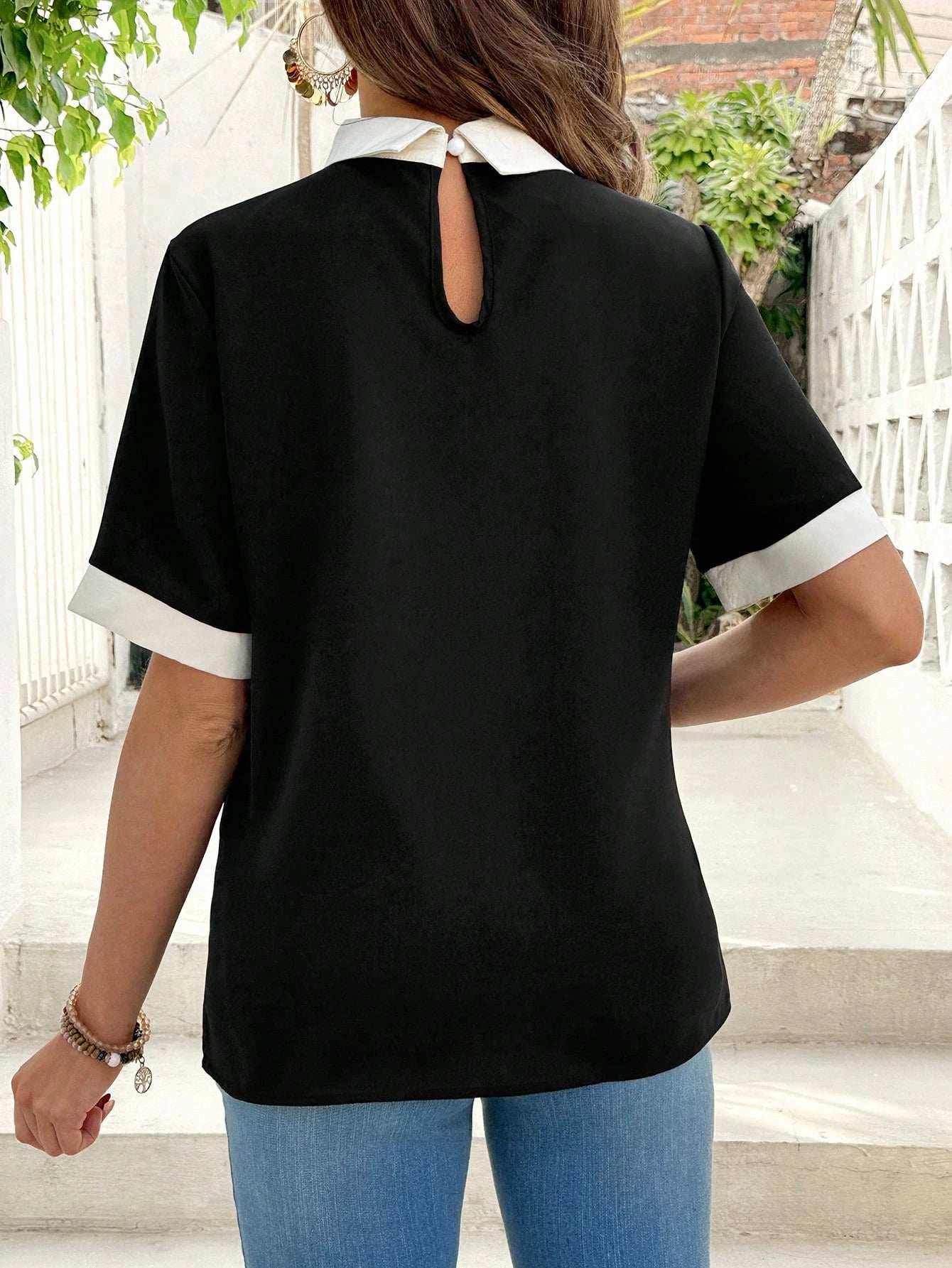 قطعة بلوزة كاجوال قصيرة الأكمام ذات موحد اللون مناسبة للحوامل - Pink&blue