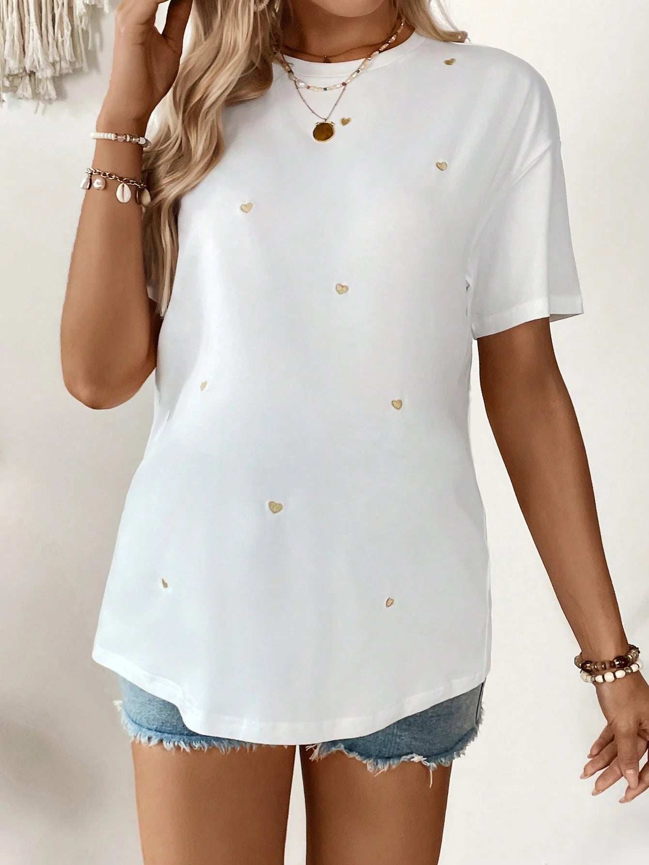 تي شيرت كاجوال قصير الأكمام للنساء الحوامل مطرز بشكل قلب - Pink&blue