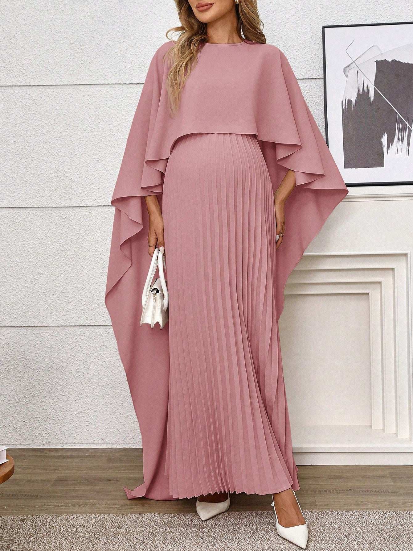 فستان من سيرين للحوامل بأكمام بونشو أنيق لون أحادي بطراز بسيط وعصري - Pink&blue