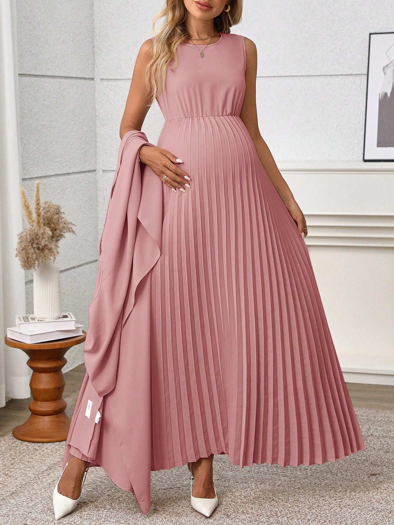 فستان من سيرين للحوامل بأكمام بونشو أنيق لون أحادي بطراز بسيط وعصري - Pink&blue