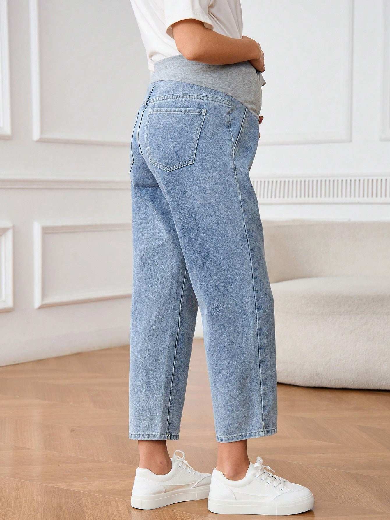 جينز حمل سيدات حوامل بقصة جيب بسيطة ، ملابس كاجوال للسيدات للاستخدام اليومي في الصيف - Pink&blue