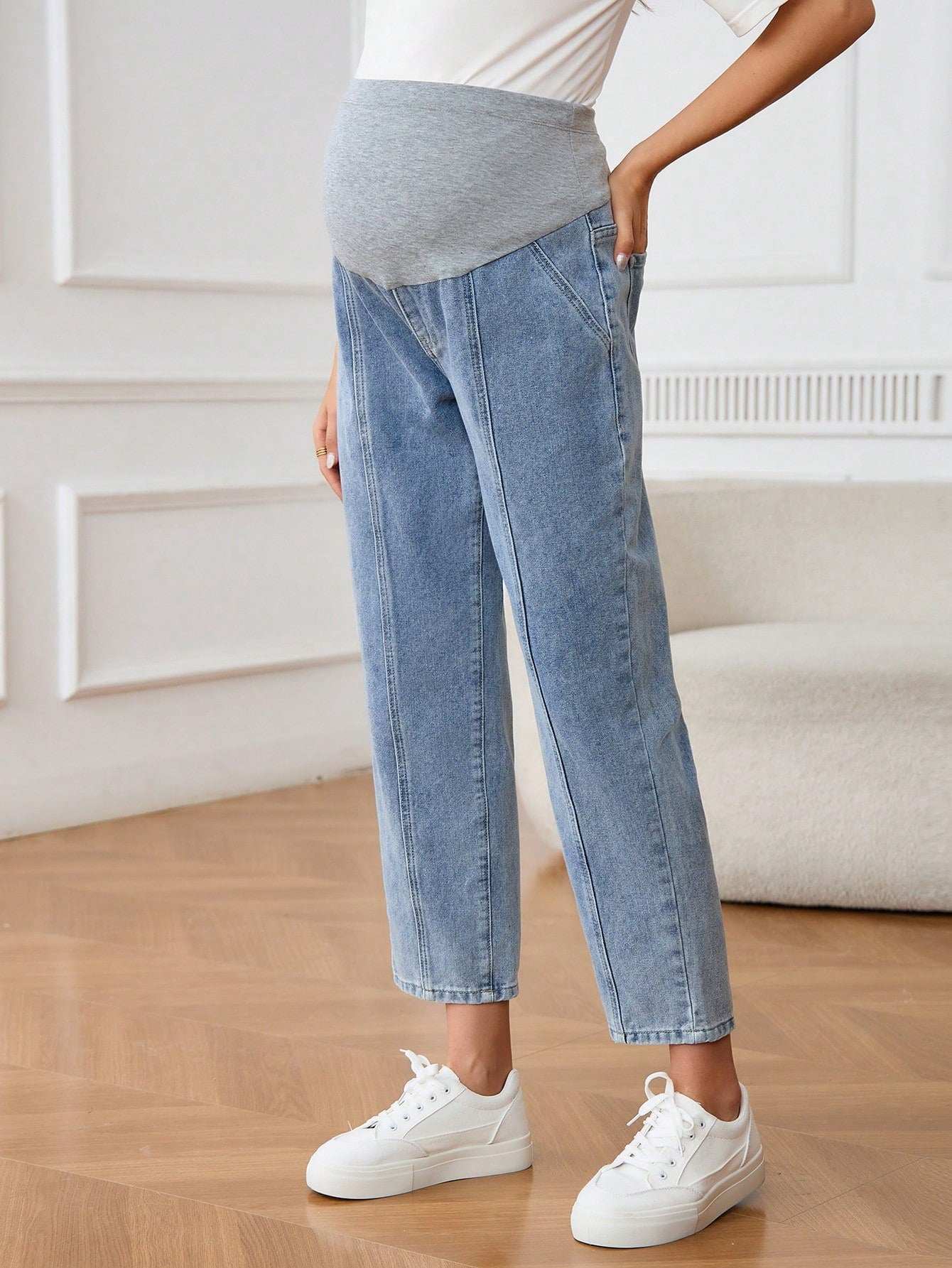 جينز حمل سيدات حوامل بقصة جيب بسيطة ، ملابس كاجوال للسيدات للاستخدام اليومي في الصيف - Pink&blue