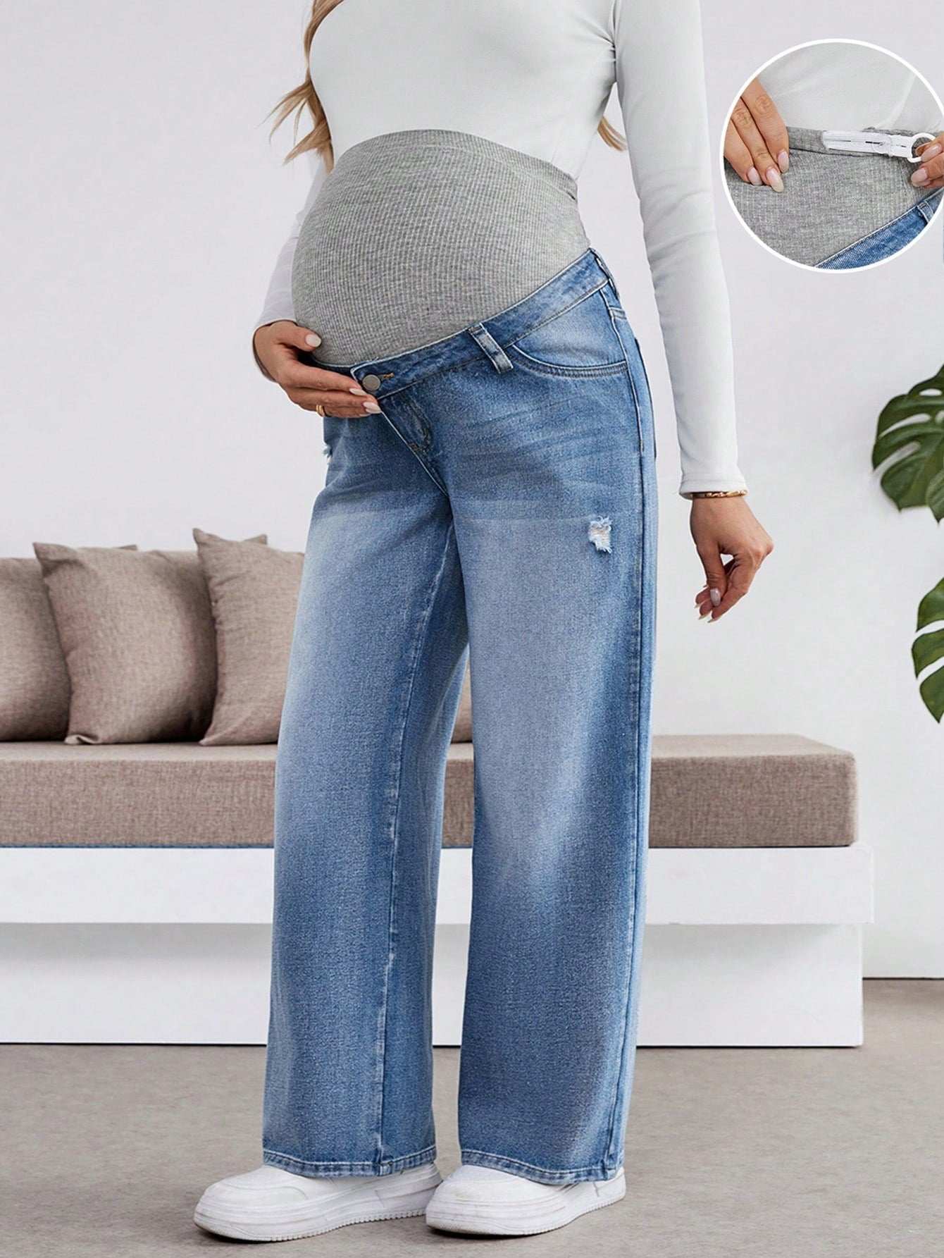 سراويل طويلة مفتوحة مرنة فضفاضة باللون الأزرق الداكن للنساء الحوامل، مع حمالة بطن - Pink&blue