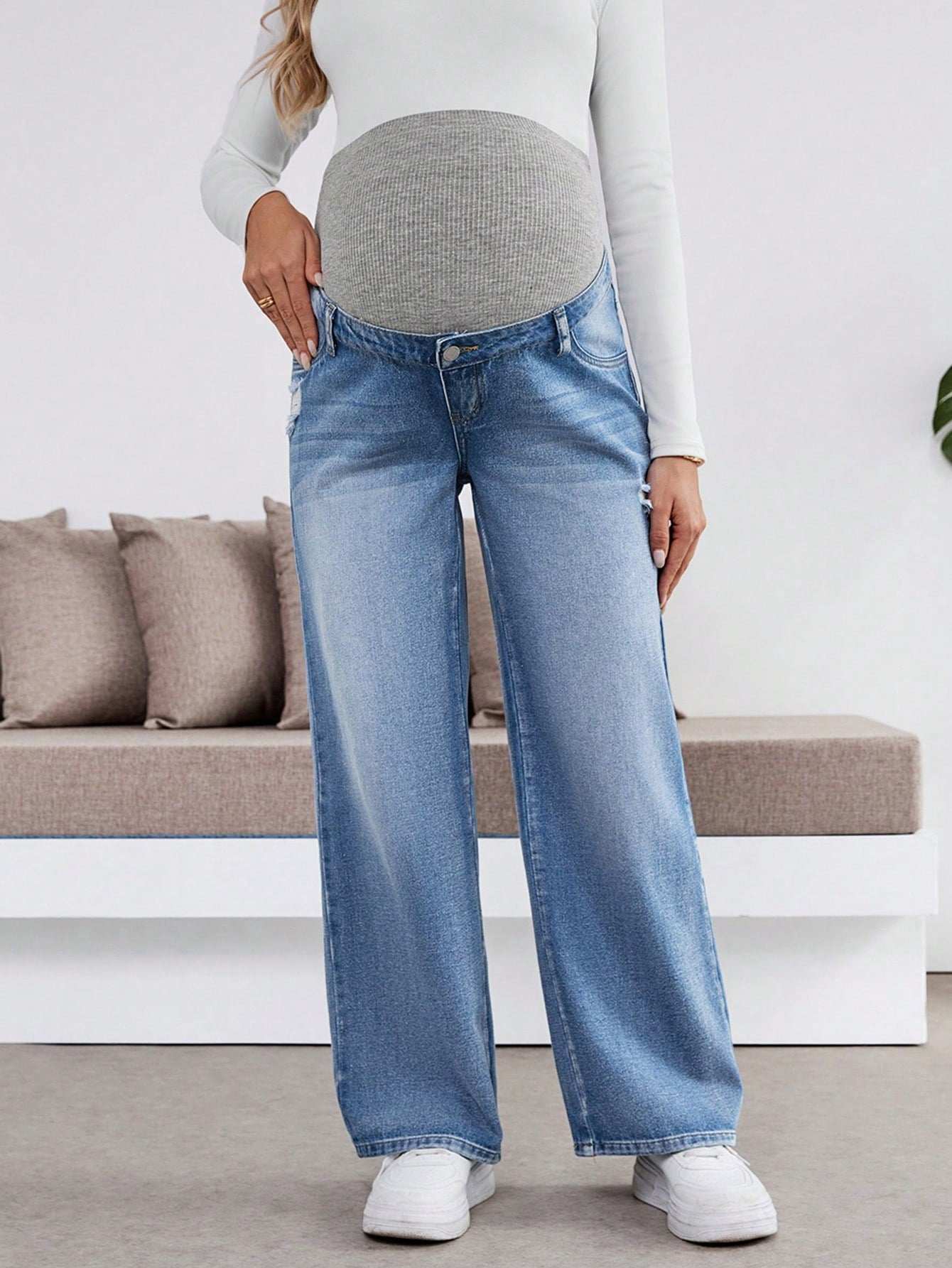 سراويل طويلة مفتوحة مرنة فضفاضة باللون الأزرق الداكن للنساء الحوامل، مع حمالة بطن - Pink&blue