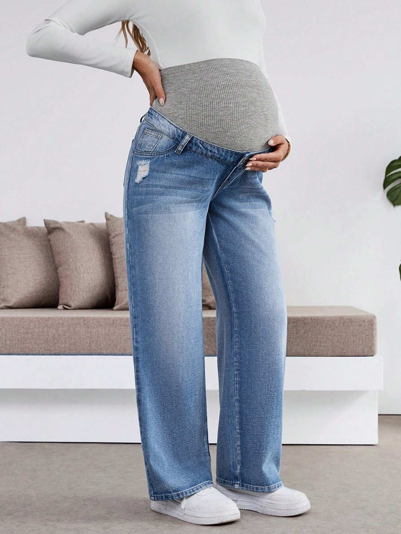 سراويل طويلة مفتوحة مرنة فضفاضة باللون الأزرق الداكن للنساء الحوامل، مع حمالة بطن - Pink&blue