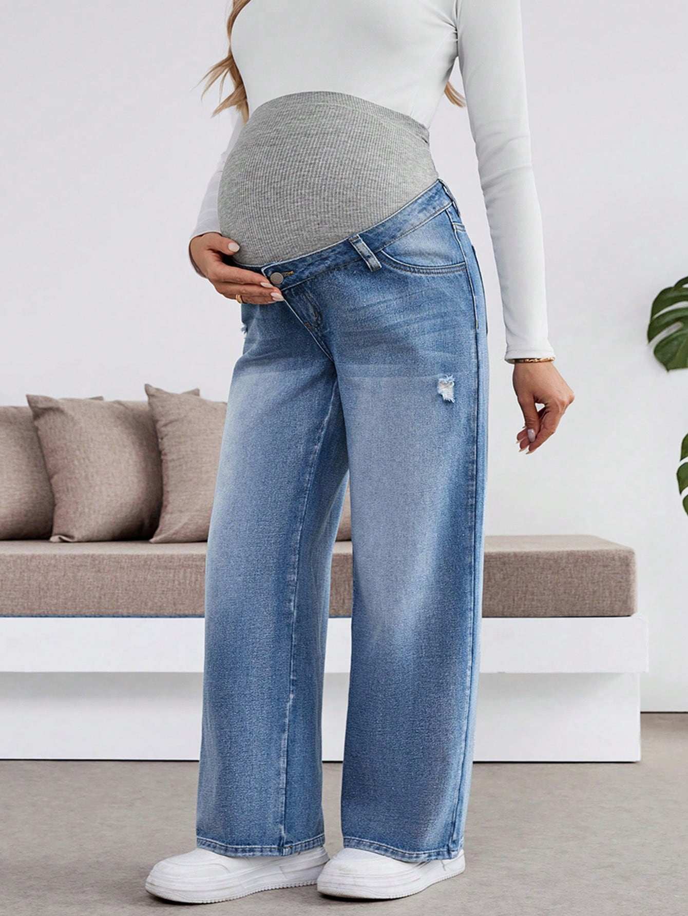 سراويل طويلة مفتوحة مرنة فضفاضة باللون الأزرق الداكن للنساء الحوامل، مع حمالة بطن - Pink&blue