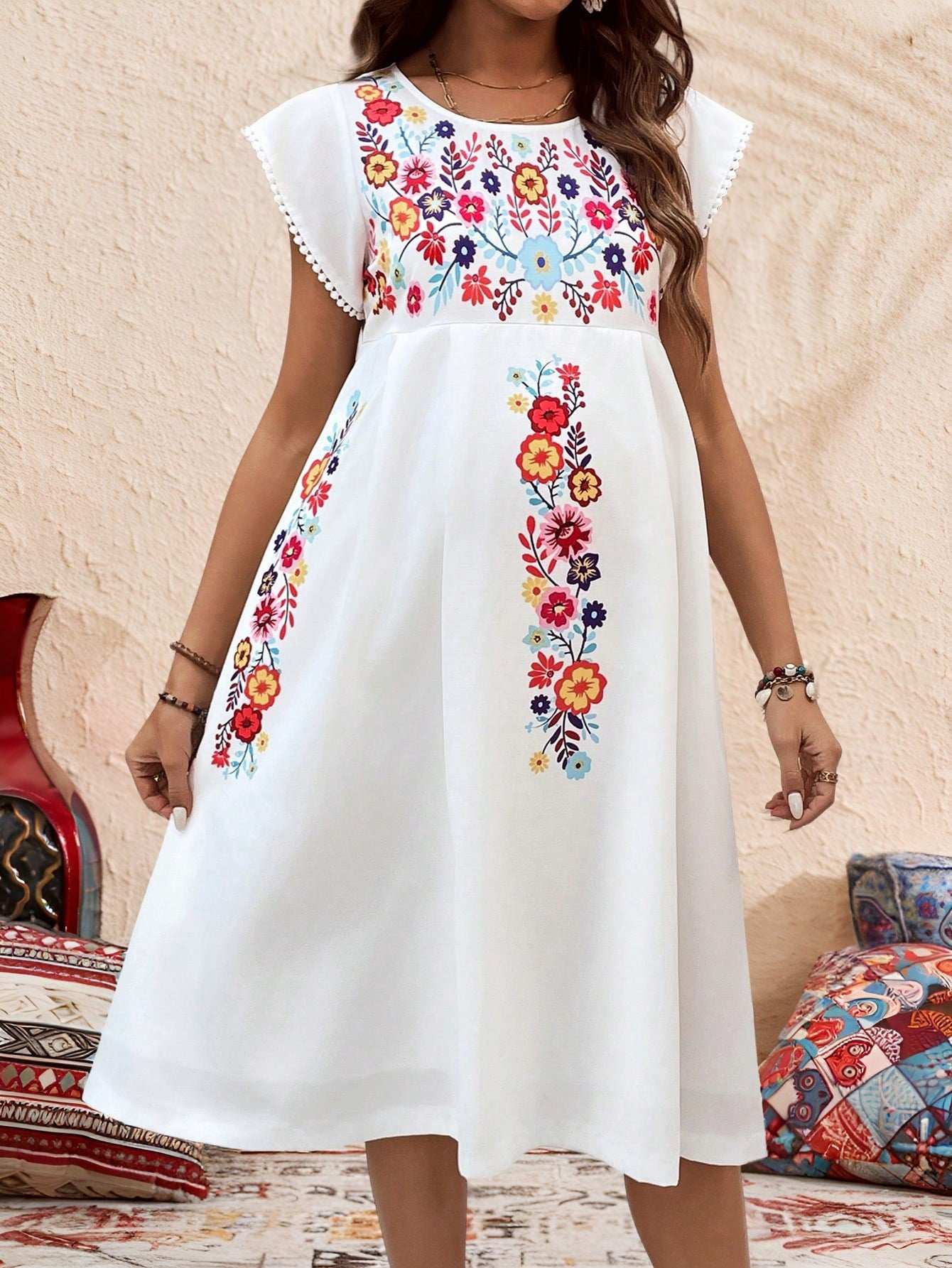 فستان كاجوال بياقة دائرية وأكمام قصيرة رسومات زهور للأمهات للعطلات والمهرجانات الموسيقية - Pink&blue