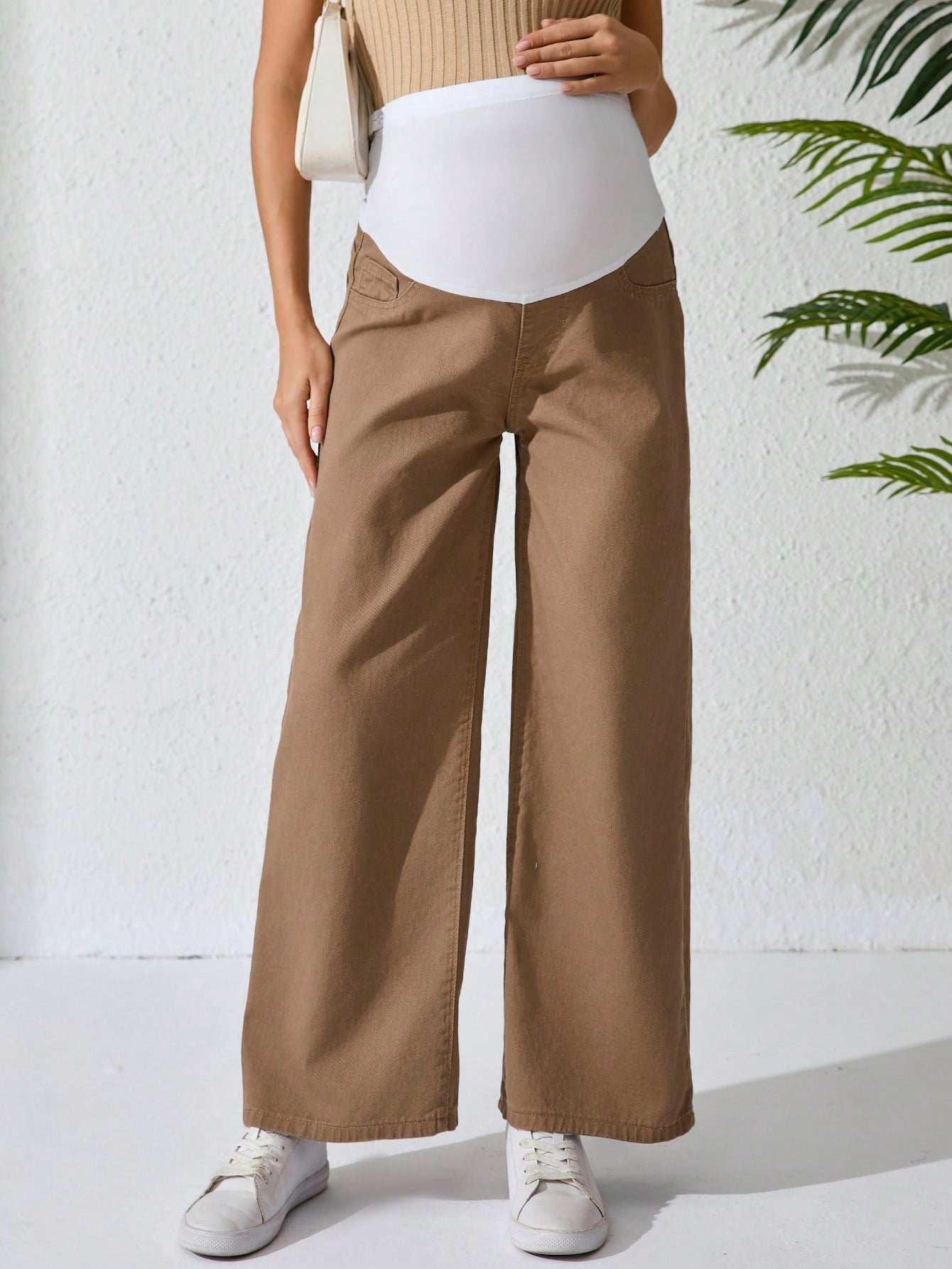 جينز أمومة كاجوال بساق واسع ولون متباين قابل للتعديل الخصر - Pink&blue