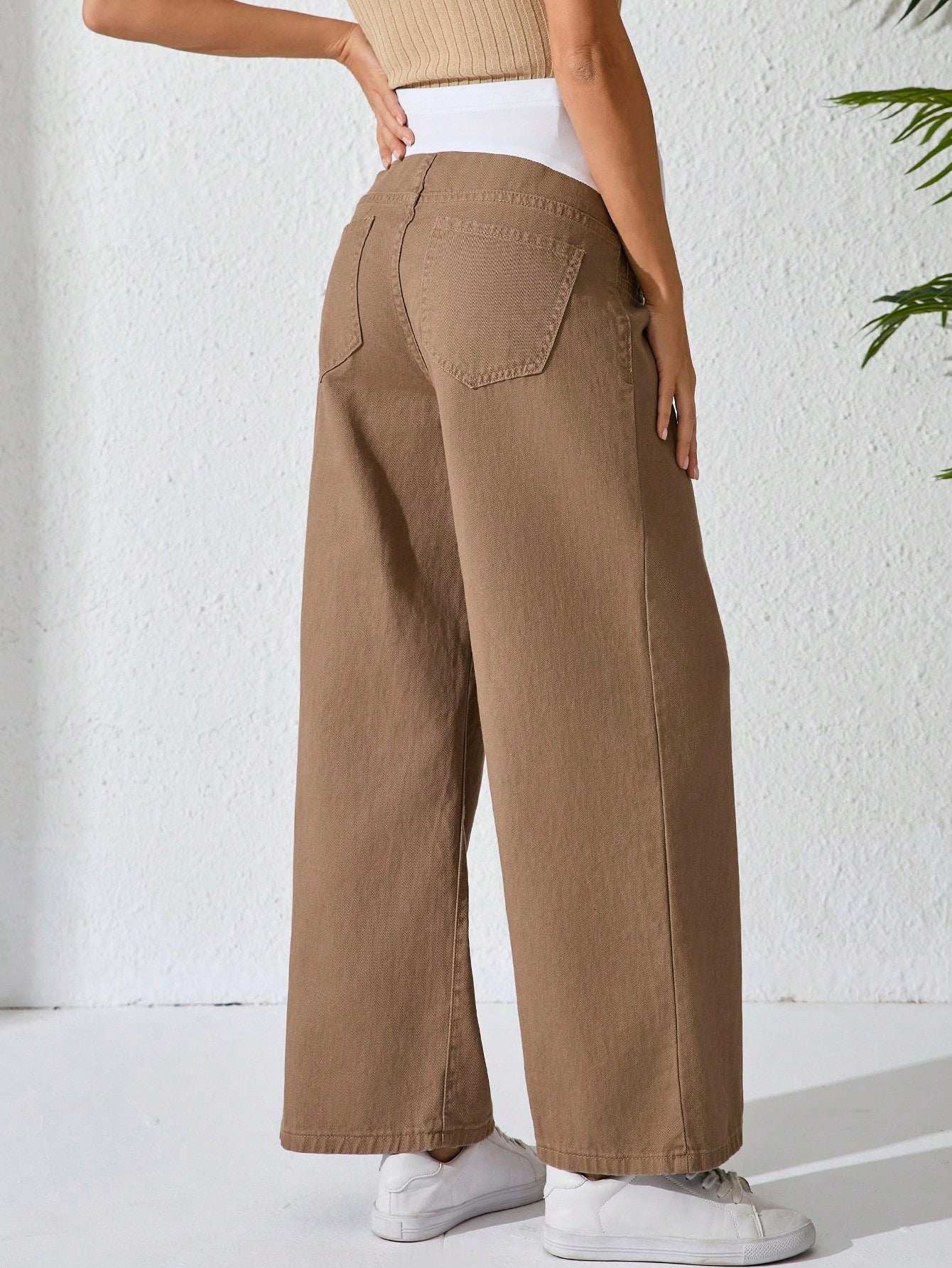 جينز أمومة كاجوال بساق واسع ولون متباين قابل للتعديل الخصر - Pink&blue