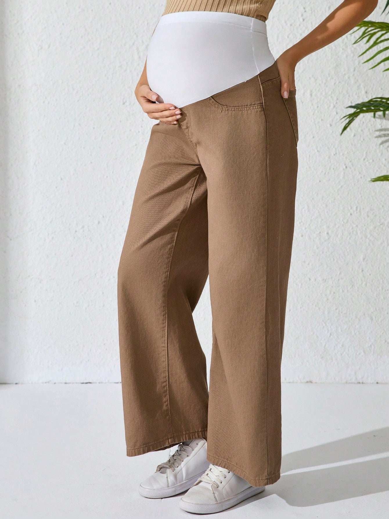 جينز أمومة كاجوال بساق واسع ولون متباين قابل للتعديل الخصر - Pink&blue