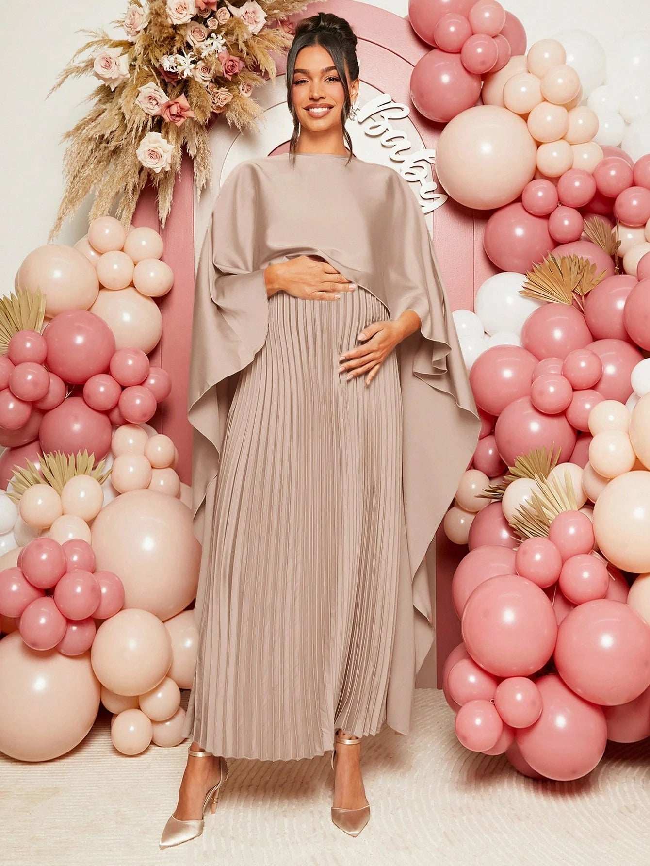 فستان ساتان ثابت للنساء الحوامل، فستان حوامل بسيط وأنيق - Pink&blue