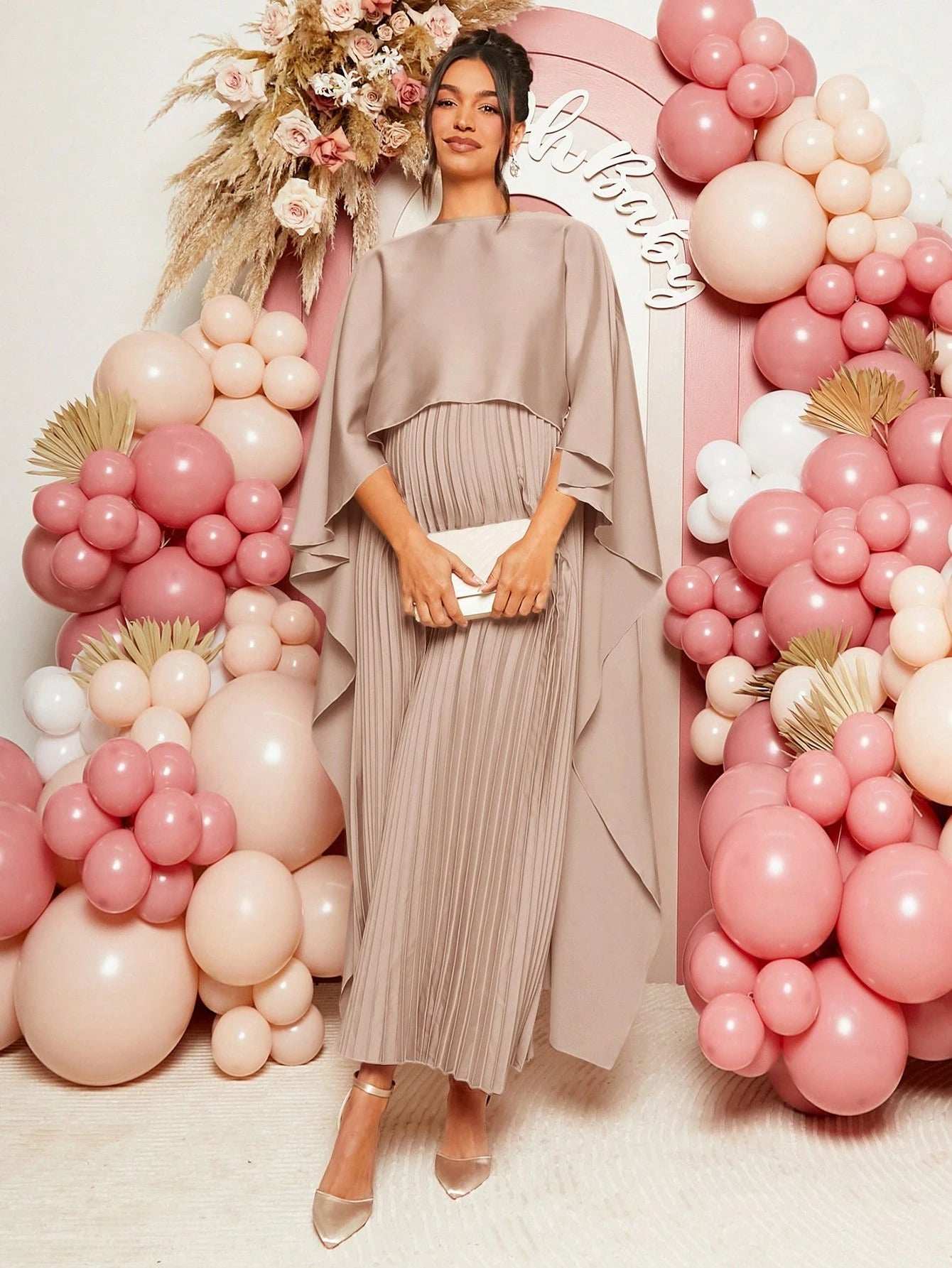 فستان ساتان ثابت للنساء الحوامل، فستان حوامل بسيط وأنيق - Pink&blue