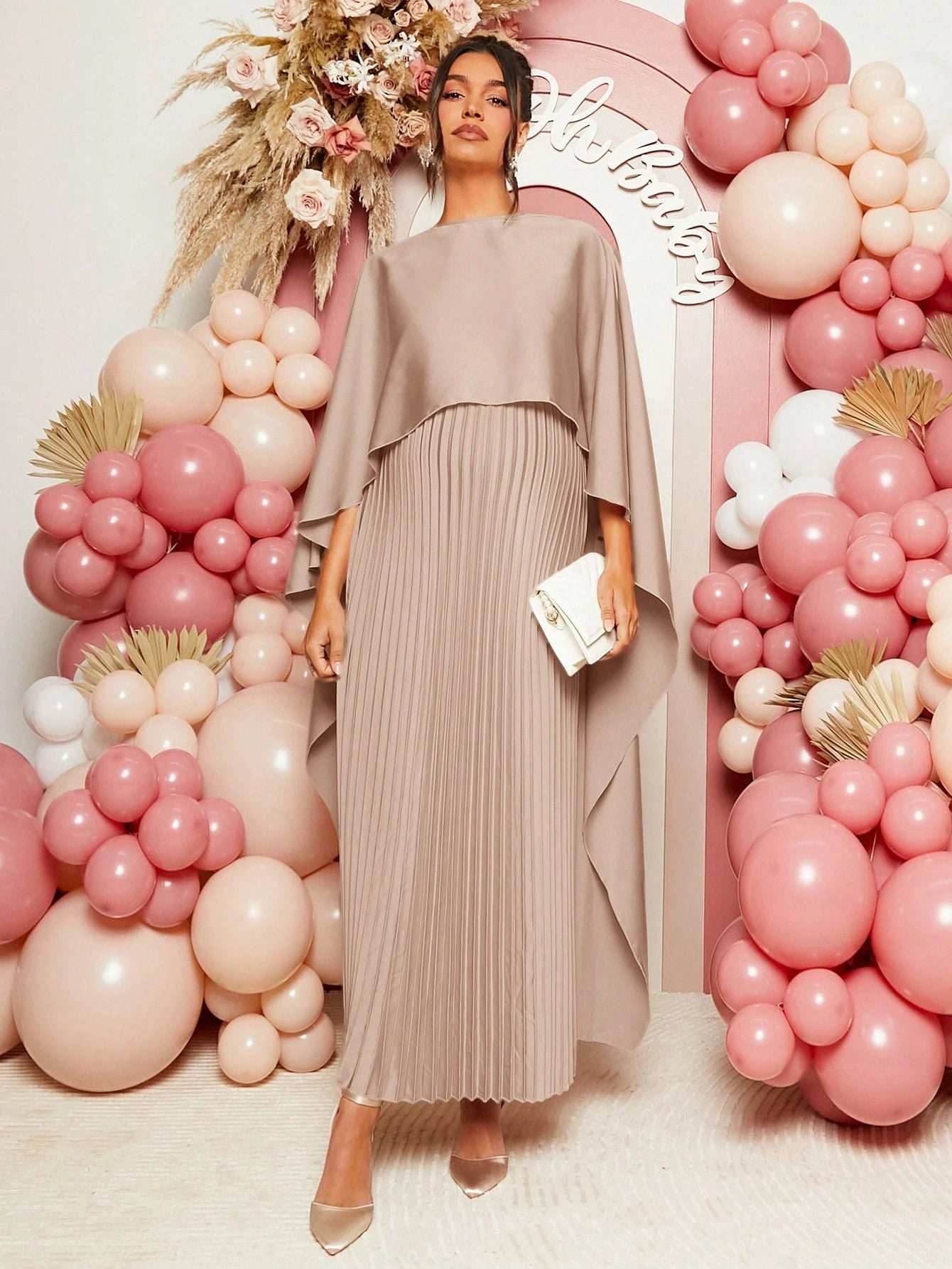 فستان ساتان ثابت للنساء الحوامل، فستان حوامل بسيط وأنيق - Pink&blue