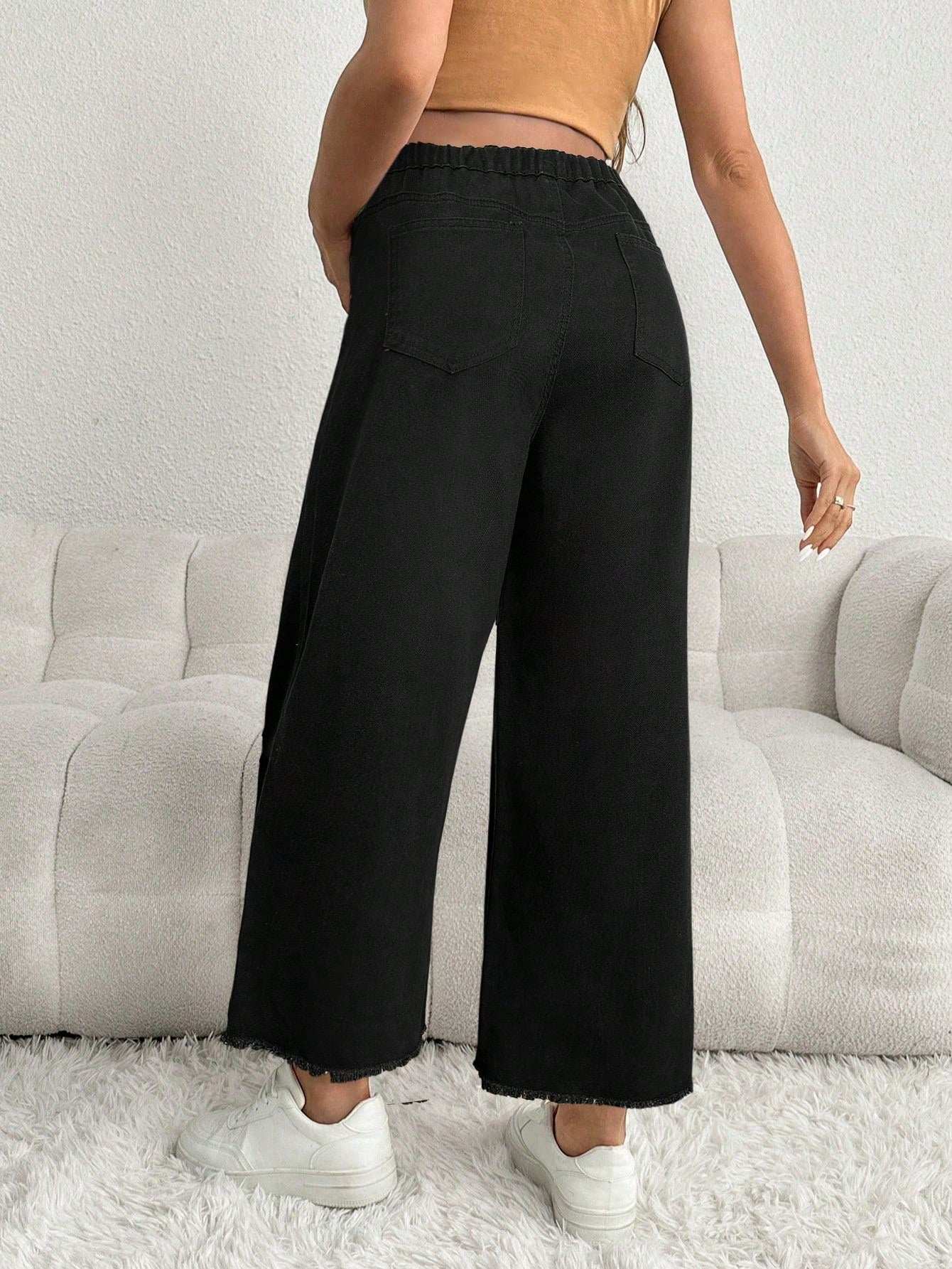 سراويل جينز سوداء فضفاضة للحوامل بنمط لاصق على الوسط - Pink&blue