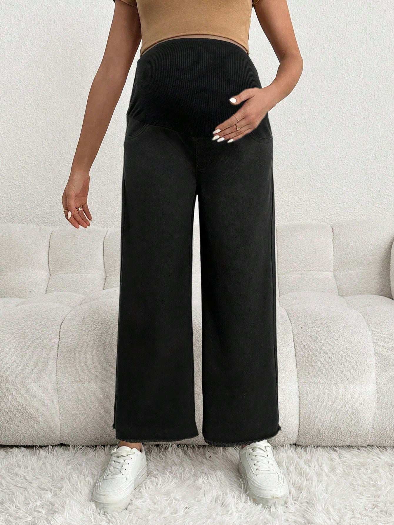 سراويل جينز سوداء فضفاضة للحوامل بنمط لاصق على الوسط - Pink&blue