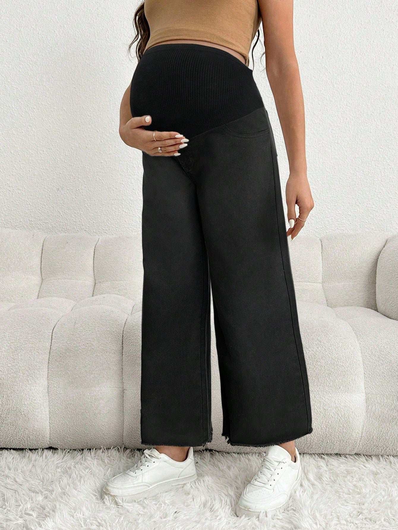 سراويل جينز سوداء فضفاضة للحوامل بنمط لاصق على الوسط - Pink&blue