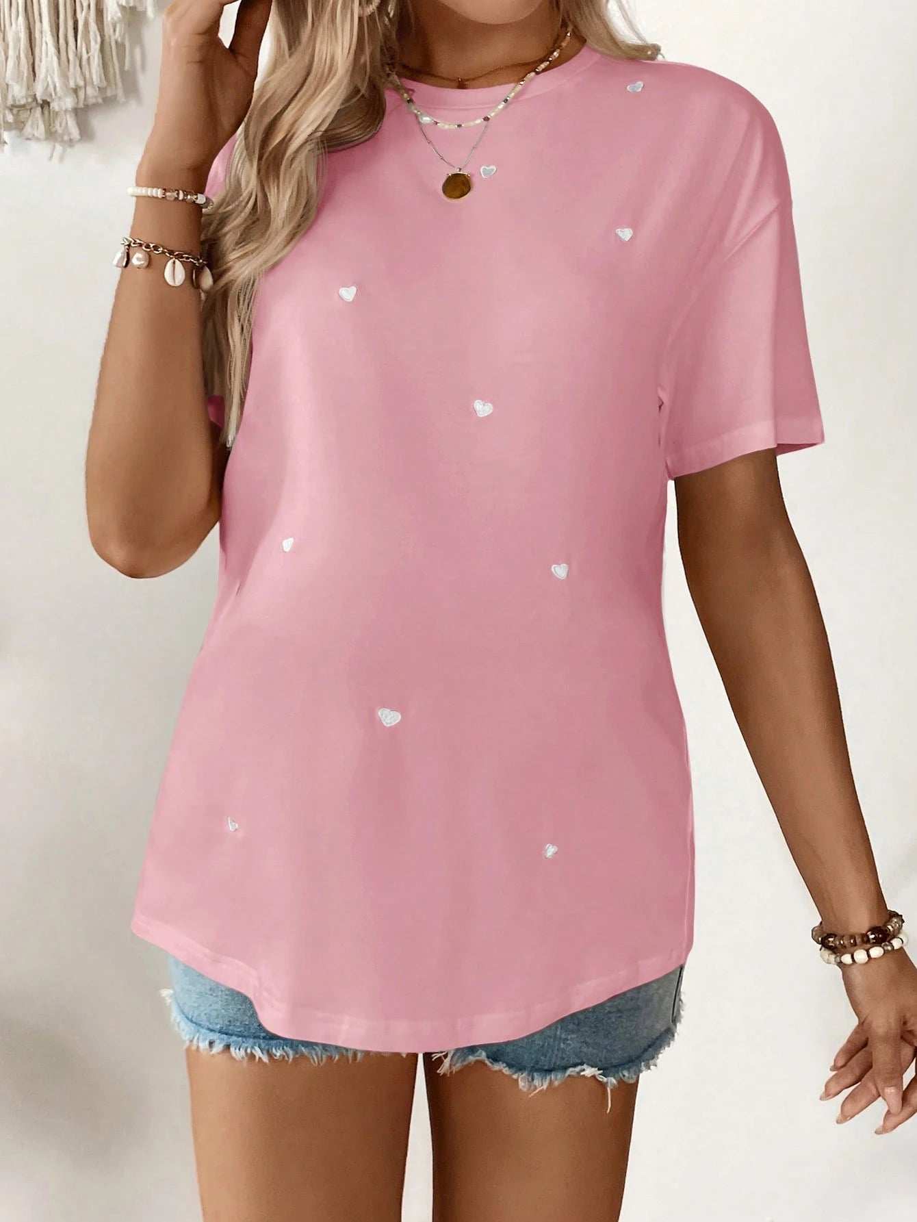 تي شيرت كاجوال بأكمام قصيرة رقبة دائرية فضفاض للحوامل به طبعة قلب - Pink&blue